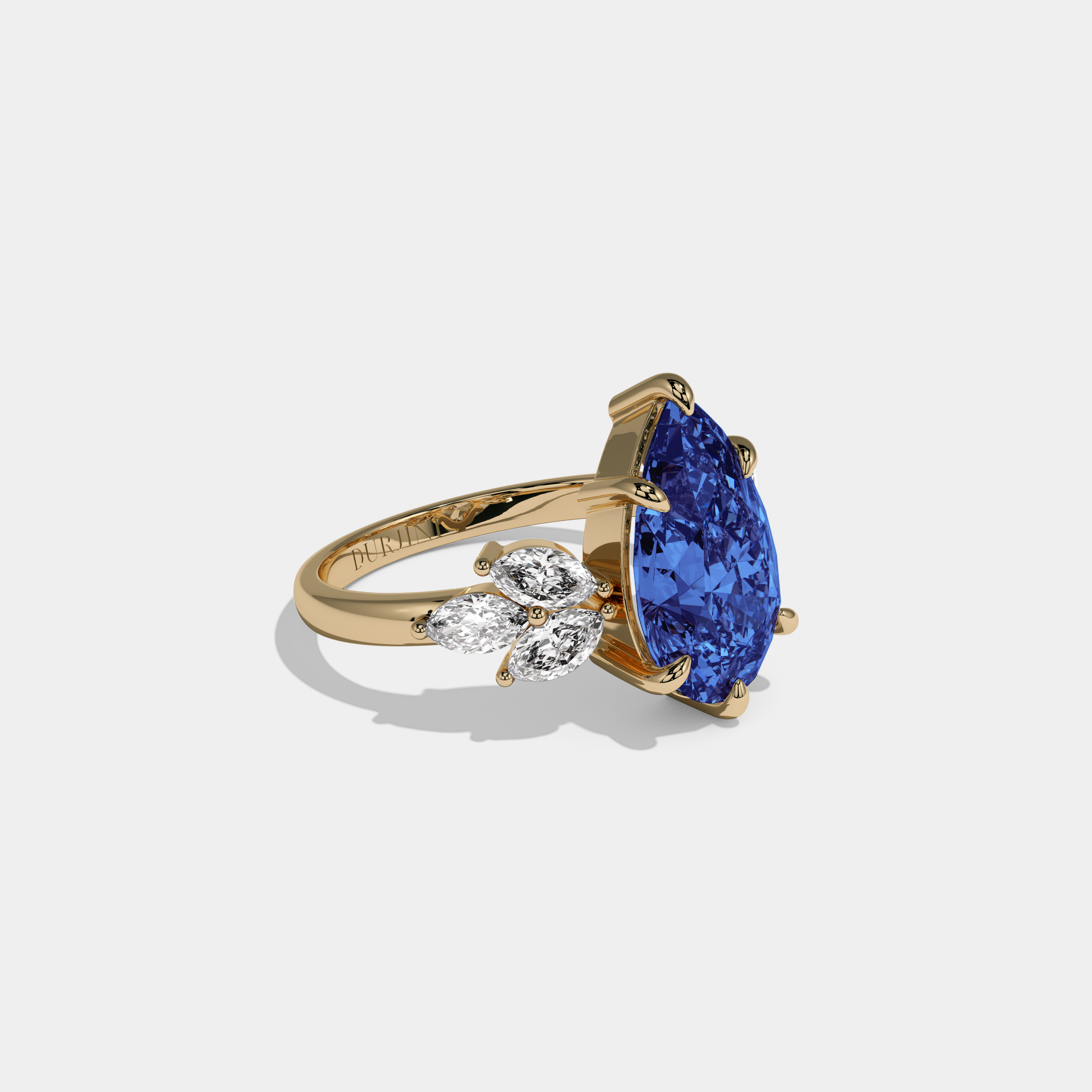Augusta Fancy Dark Blue Pear Cut Diamond Plain Band With Marquise Cut Sides Engagement Ring 7ct 18K Yellow Gold