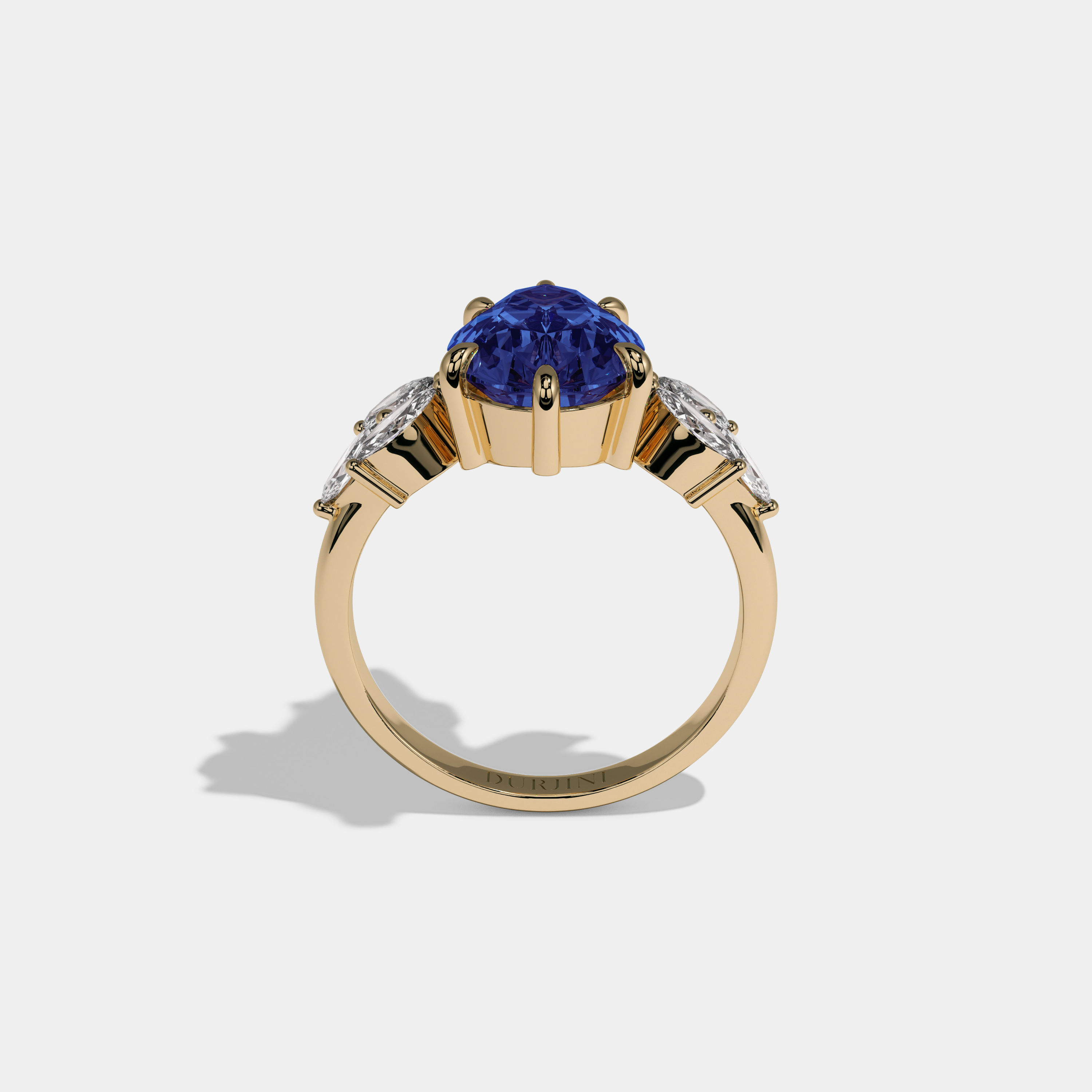 Augusta Fancy Dark Blue Pear Cut Diamond Plain Band With Marquise Cut Sides Engagement Ring 7ct 18K Yellow Gold