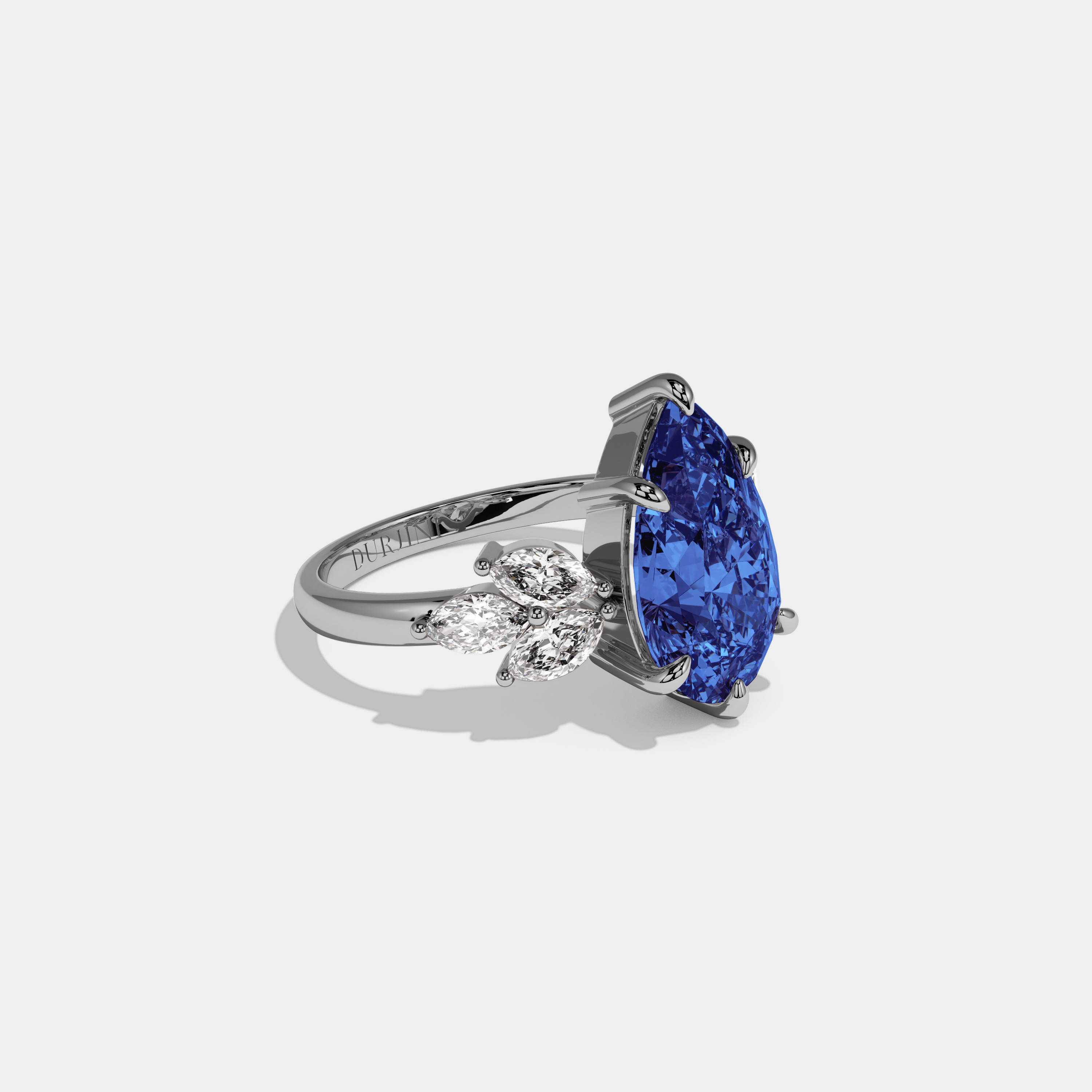 Louise Fancy Dark Blue Pear Cut Diamond Plain Band With Marquise Cut Sides Engagement Ring 7ct 18K White Gold