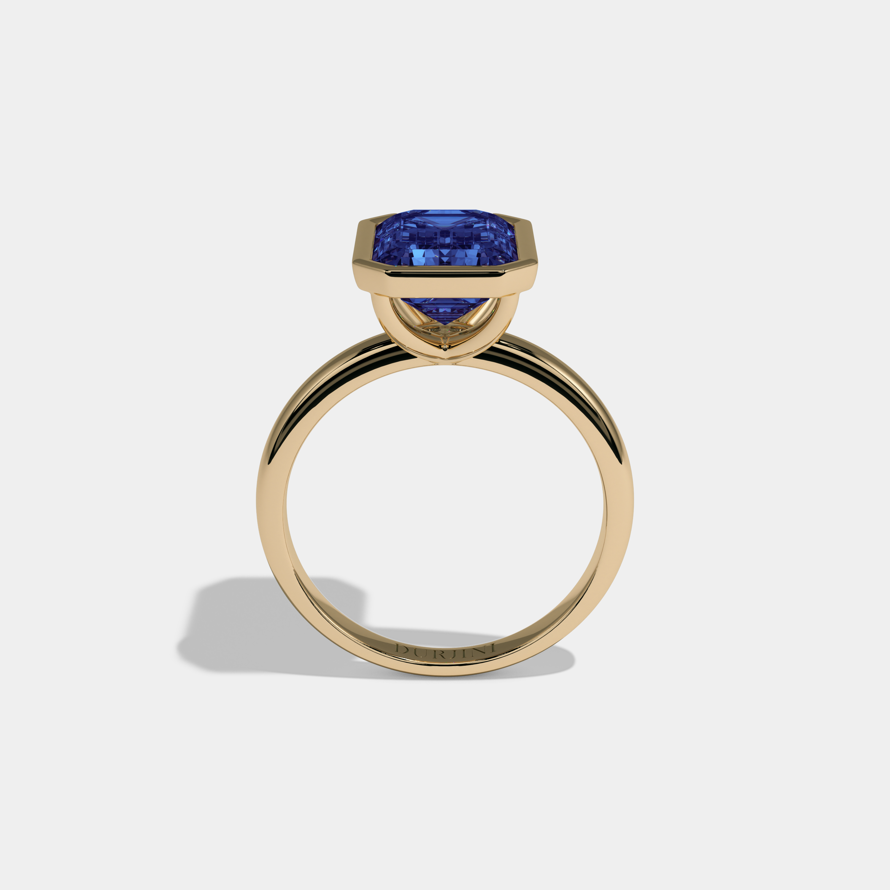 Augusta Fancy Dark Blue Emerald Cut Diamond Plain Band Bezel Engagement Ring 5ct 18K Yellow Gold