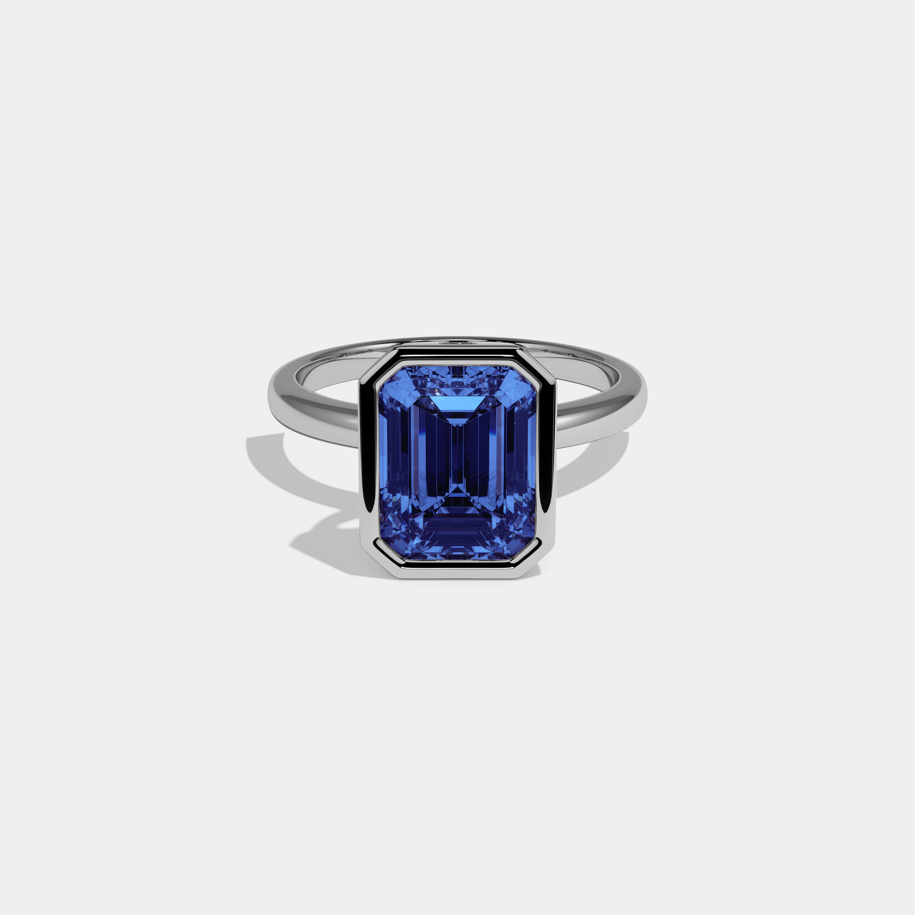 Louise Fancy Dark Blue Emerald Cut Diamond Plain Band Bezel Engagement Ring 5ct 18K White Gold