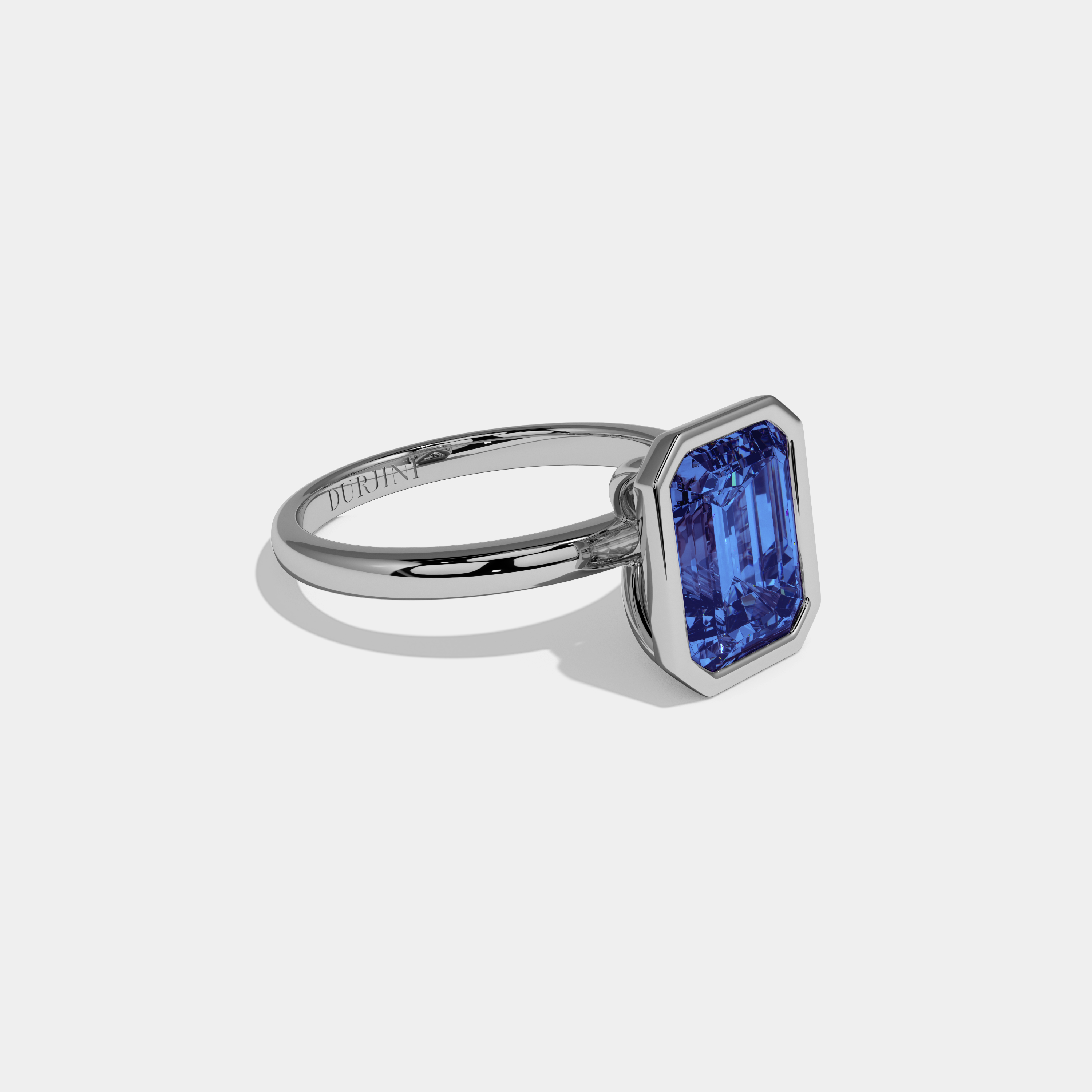 Louise Fancy Dark Blue Emerald Cut Diamond Plain Band Bezel Engagement Ring 5ct 18K White Gold