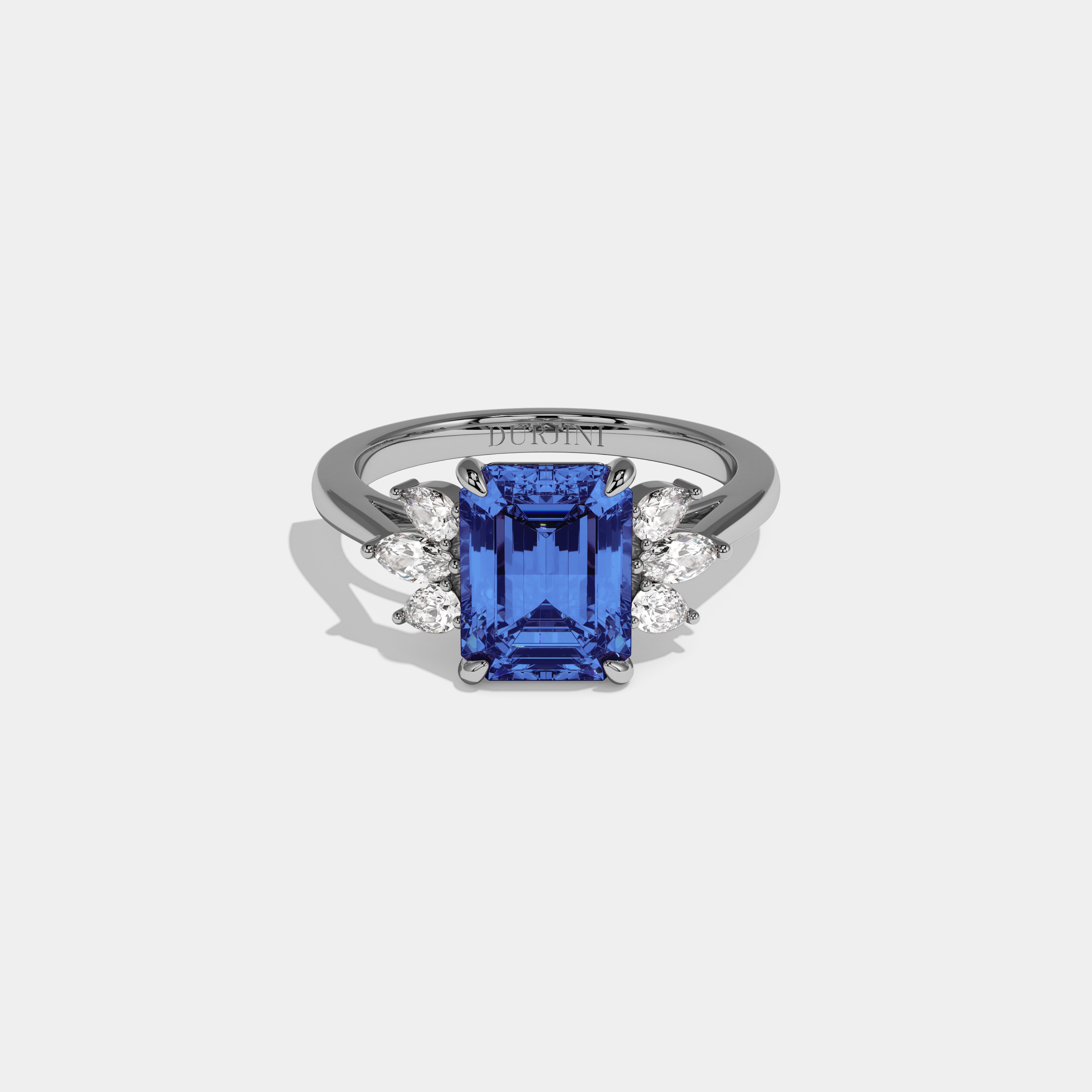 Matilda Fancy Dark Blue Emerald Cut Diamond Plain Band With Marquise Cut Sides Engagement Ring 6ct 18K White Gold