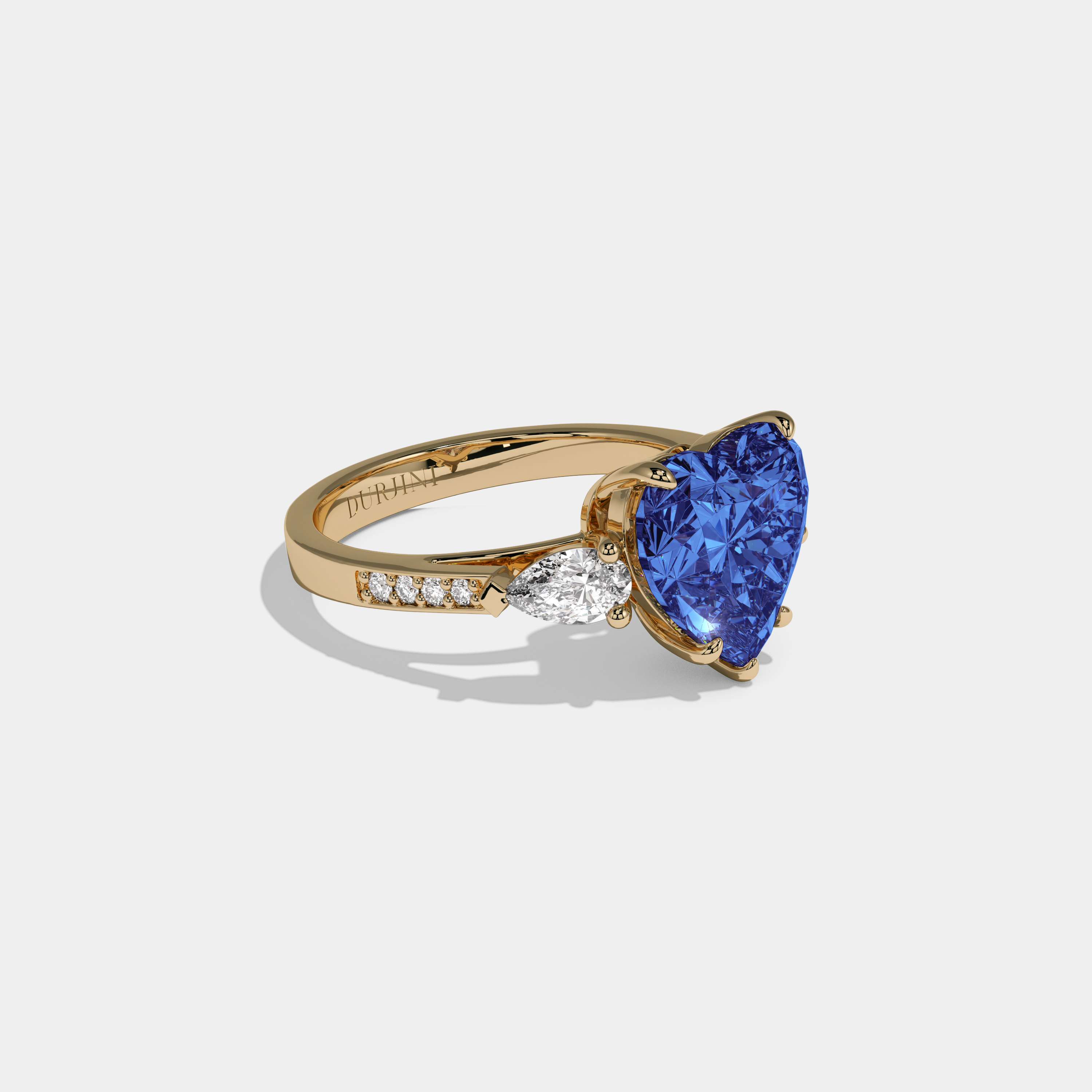 Mary Fancy Dark Blue Heart Brilliant Cut Diamond Band With Pear Sides Engagement Ring 7ct 18K Yellow Gold