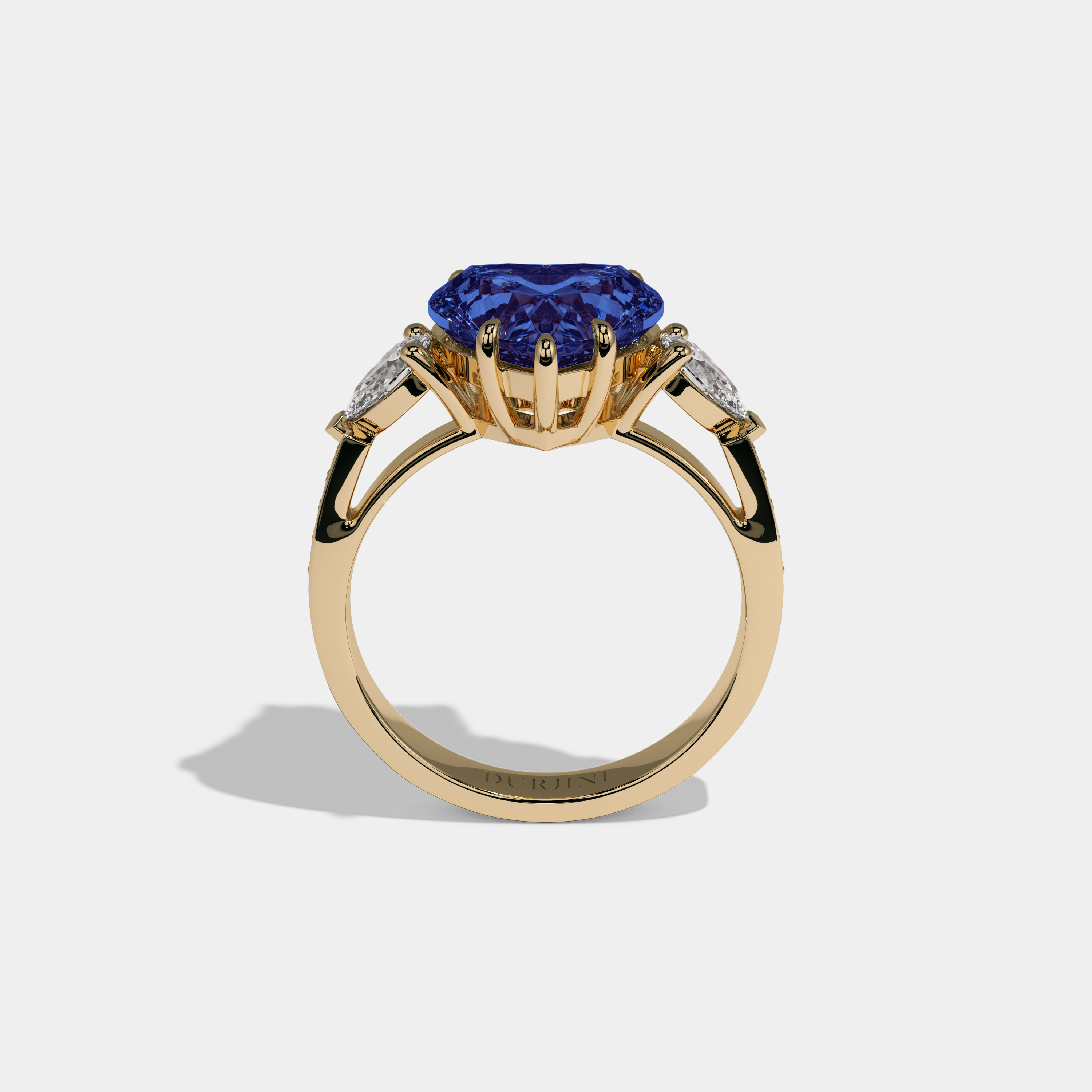 Mary Fancy Dark Blue Heart Brilliant Cut Diamond Band With Pear Sides Engagement Ring 7ct 18K Yellow Gold