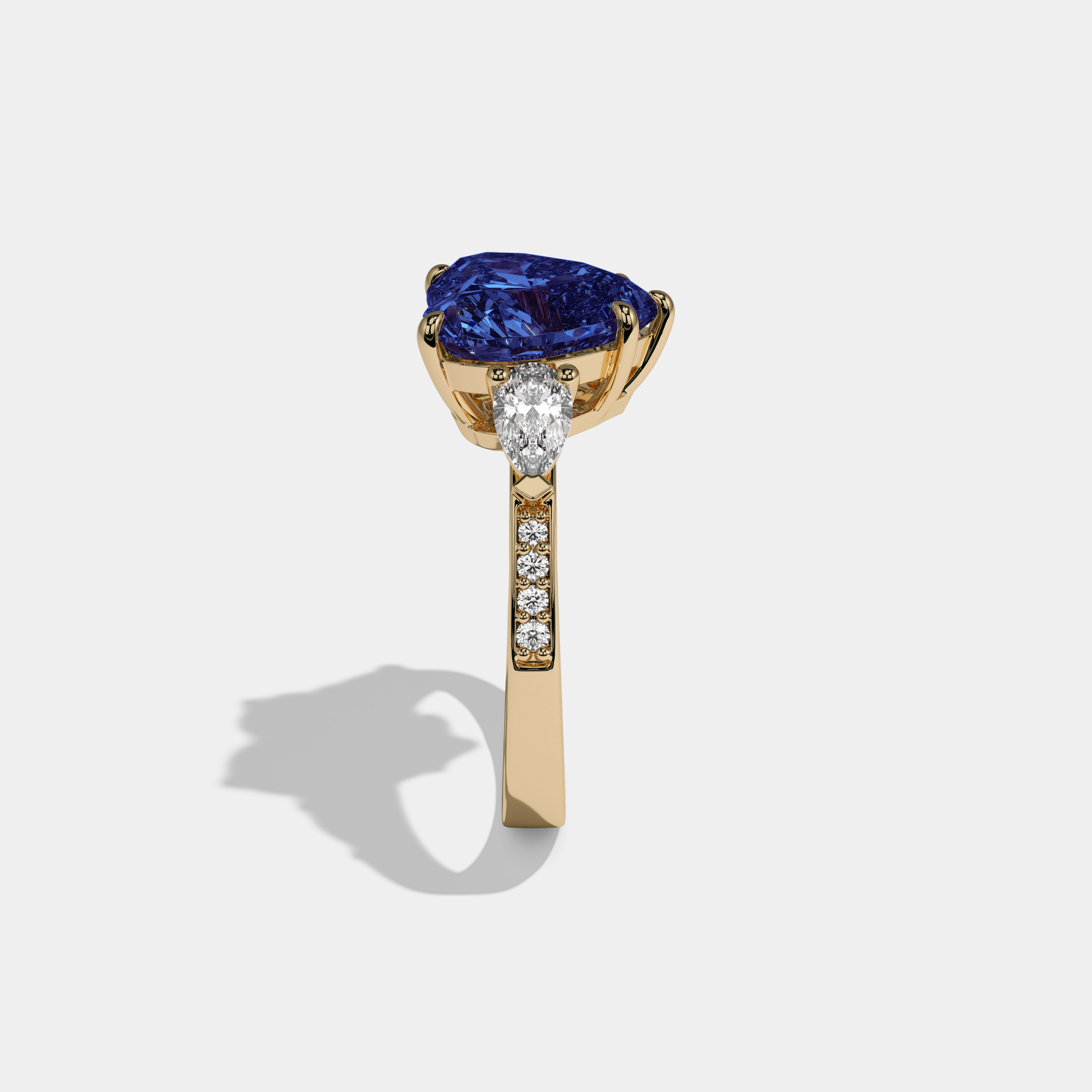 Mary Fancy Dark Blue Heart Brilliant Cut Diamond Band With Pear Sides Engagement Ring 7ct 18K Yellow Gold
