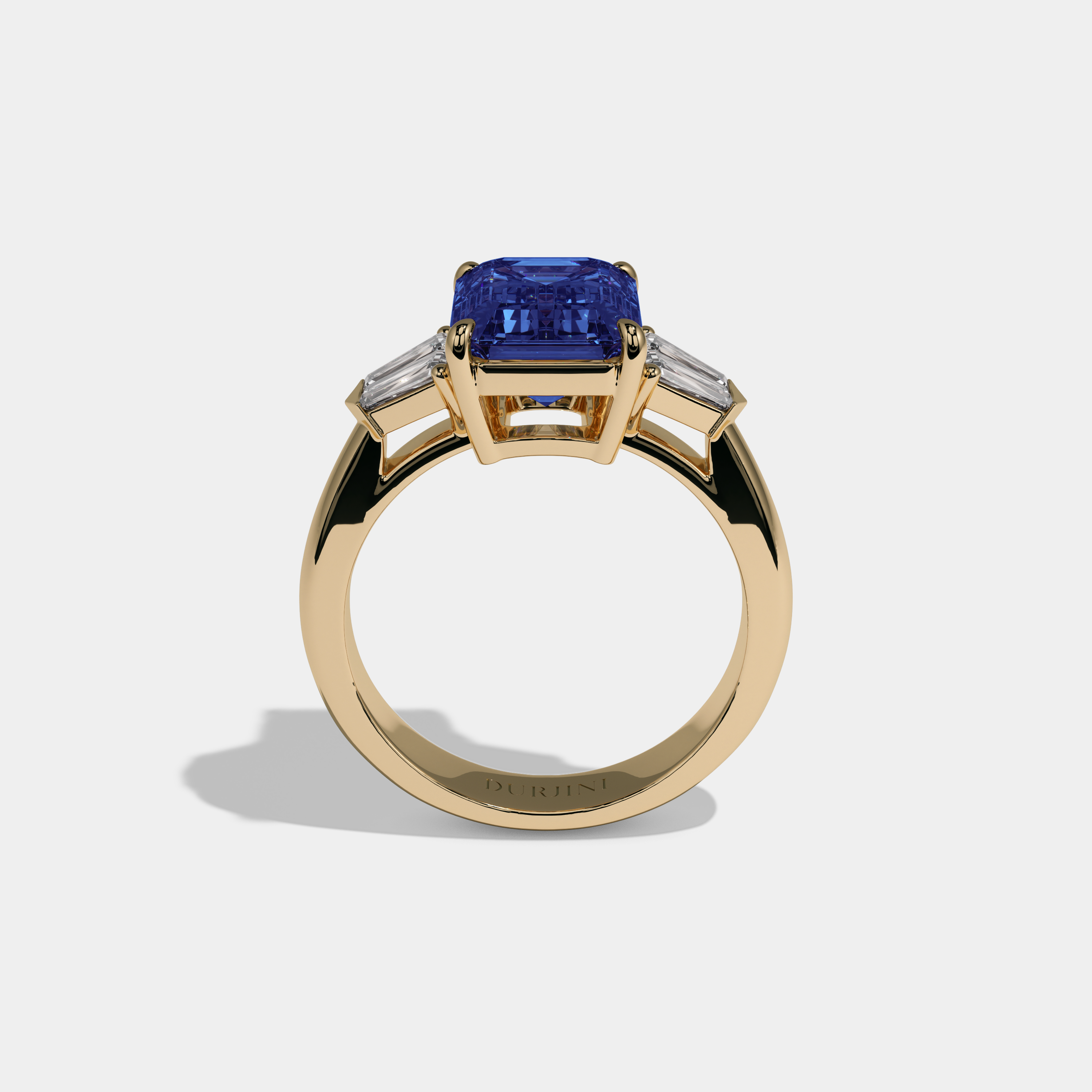 Mary Fancy Dark Blue Emerald Cut Diamond Plain Band With Baguette Sides Engagement Ring 6ct 18K Yellow Gold