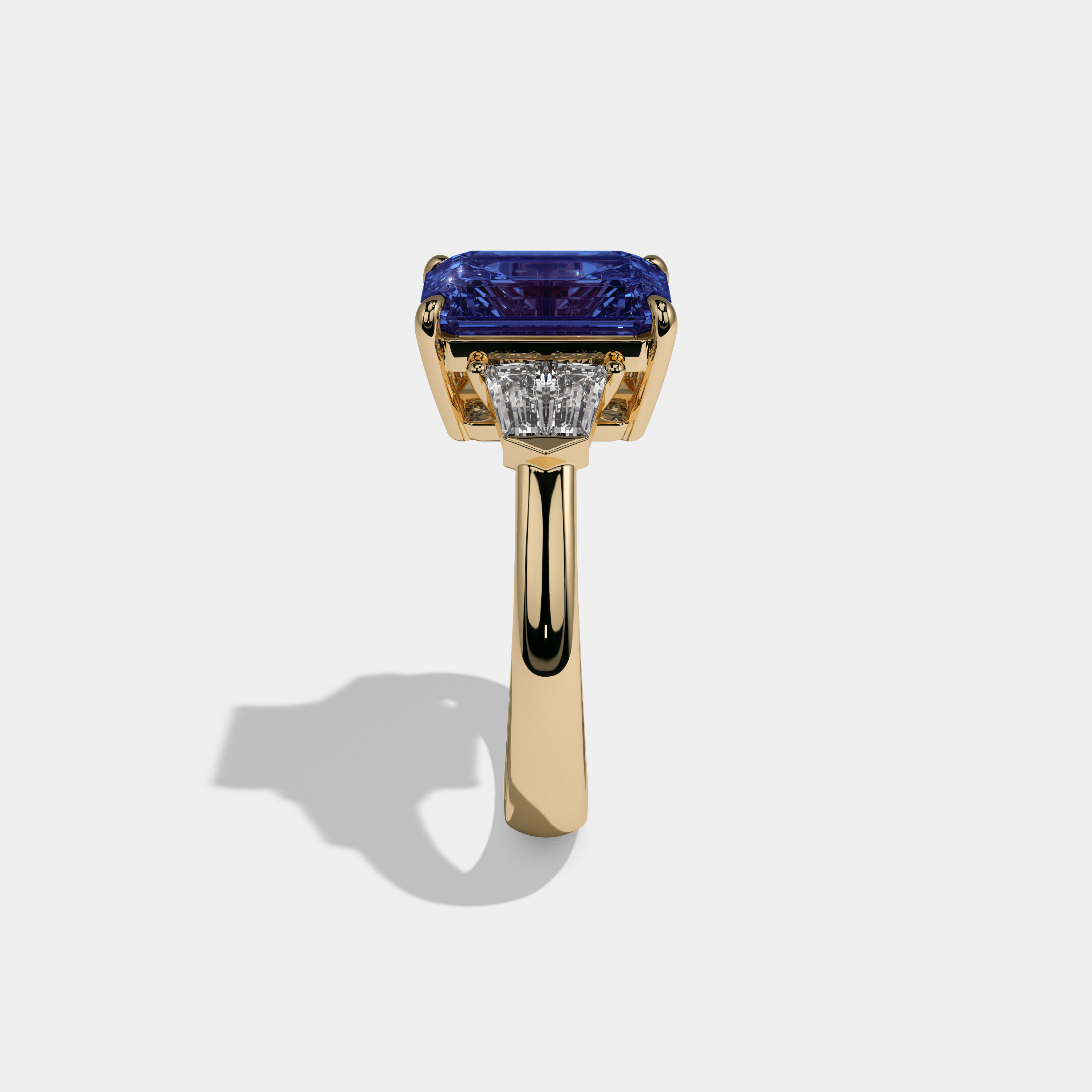 Mary Fancy Dark Blue Emerald Cut Diamond Plain Band With Baguette Sides Engagement Ring 6ct 18K Yellow Gold