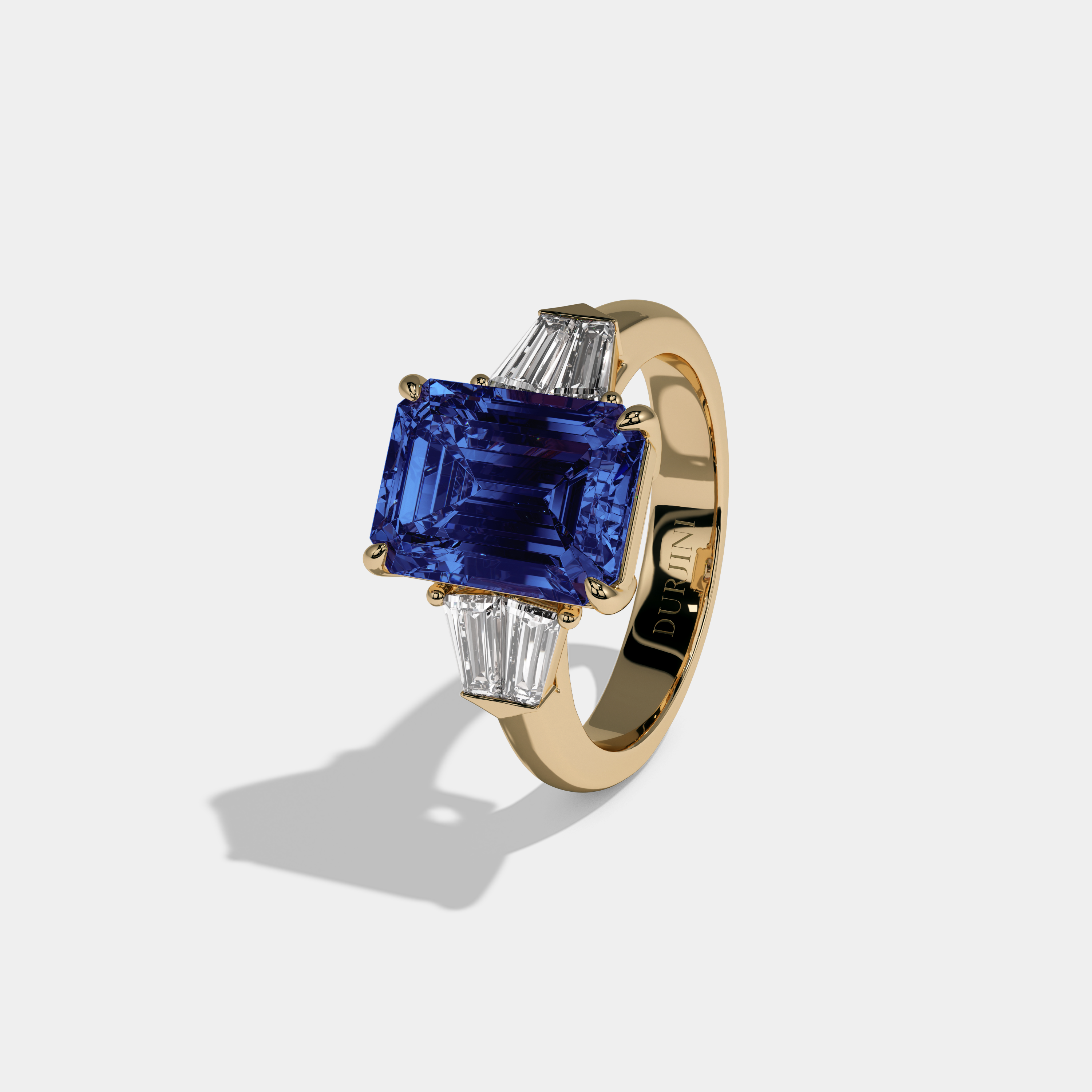 Mary Fancy Dark Blue Emerald Cut Diamond Plain Band With Baguette Sides Engagement Ring 6ct 18K Yellow Gold