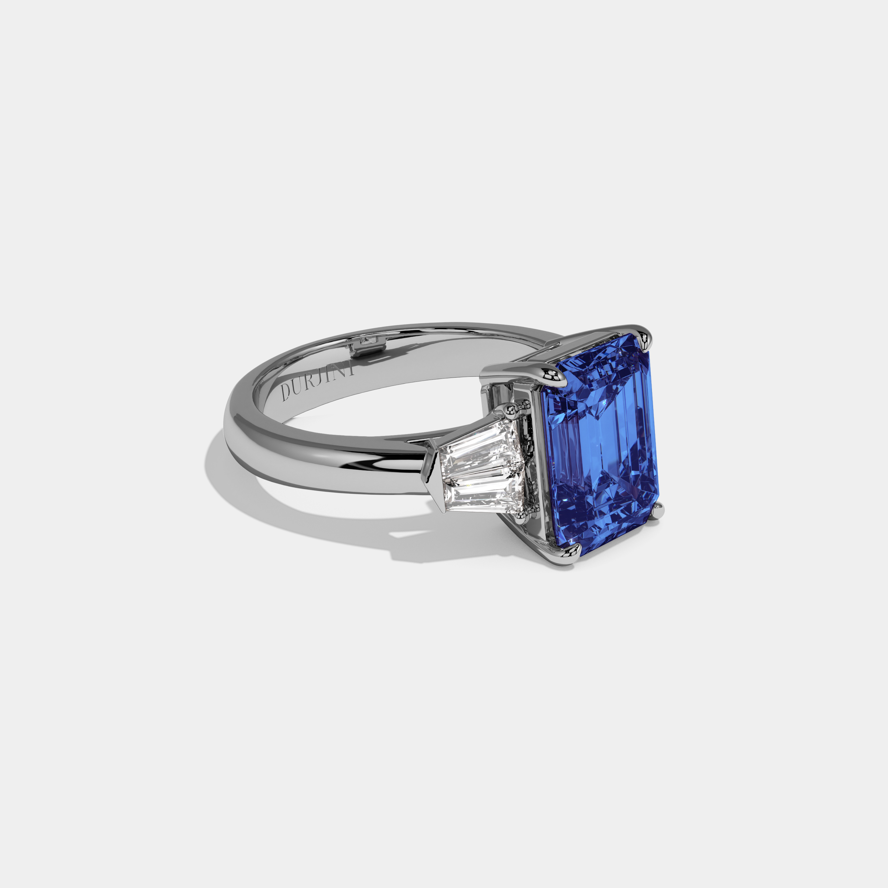 Sophia Fancy Dark Blue Emerald Cut Diamond Plain Band With Baguette Sides Engagement Ring 6ct 18K White Gold