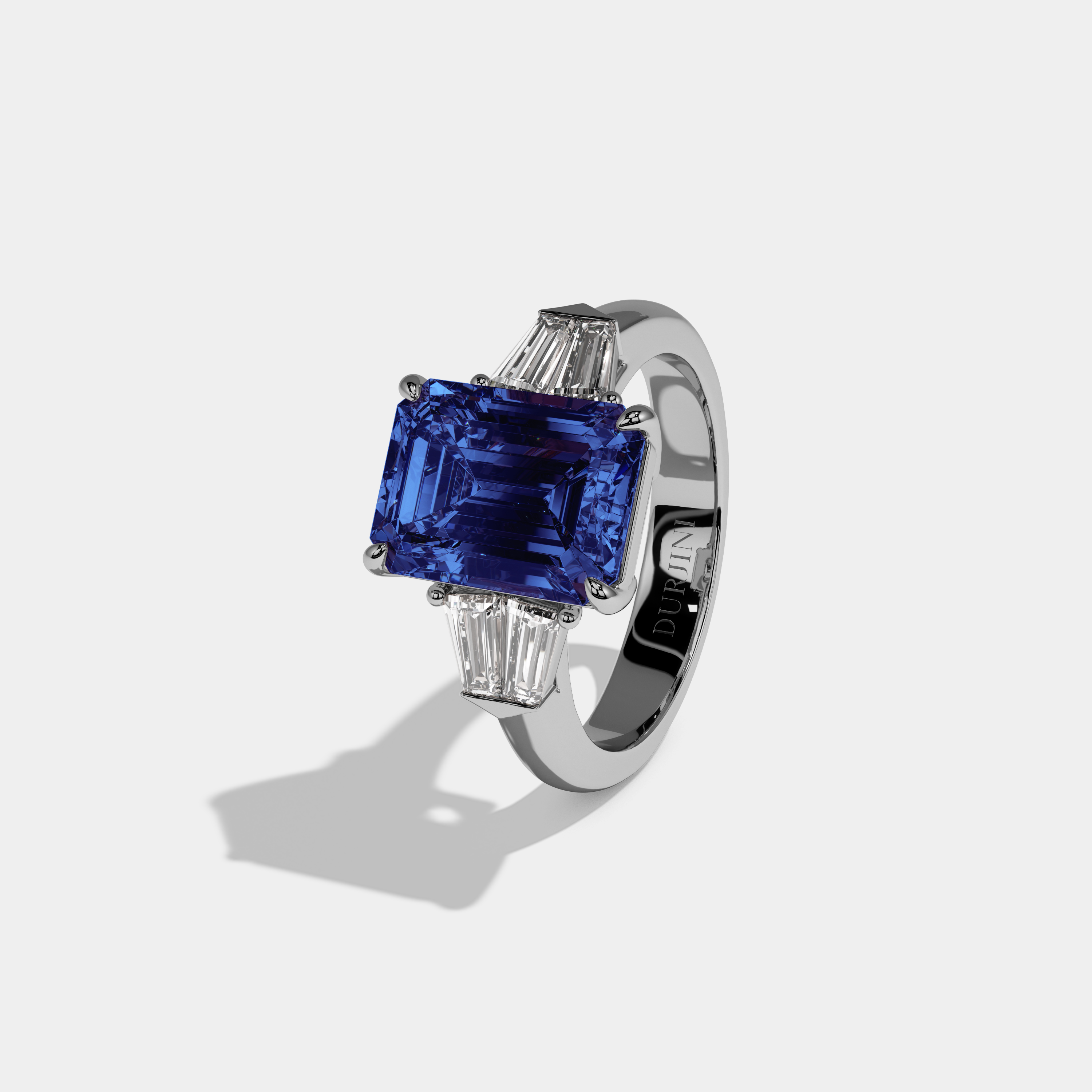 Sophia Fancy Dark Blue Emerald Cut Diamond Plain Band With Baguette Sides Engagement Ring 6ct 18K White Gold