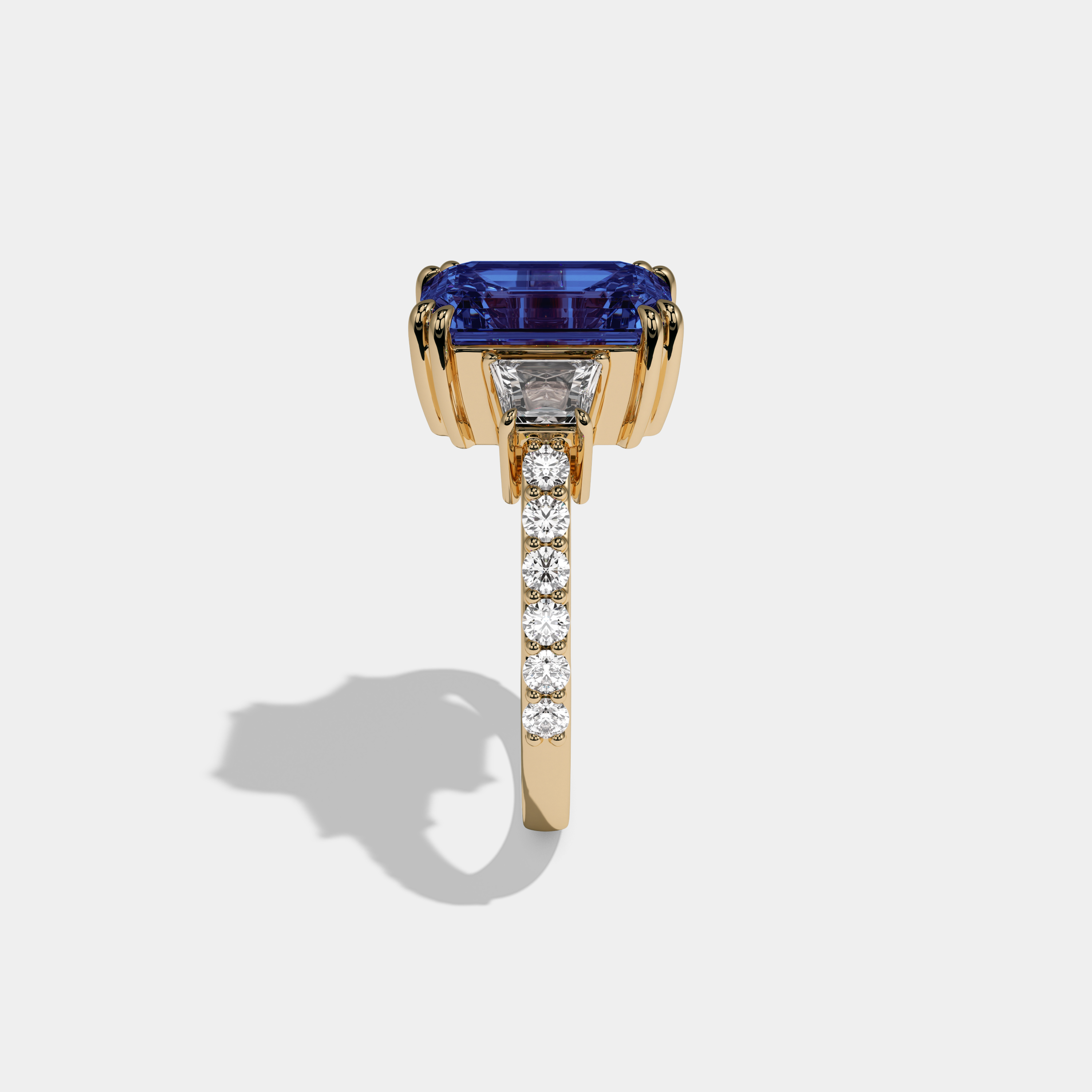 Augusta Fancy Dark Blue Emerald Cut Diamond Band With Step Cut Sides Engagement Ring 7ct 18K Yellow Gold
