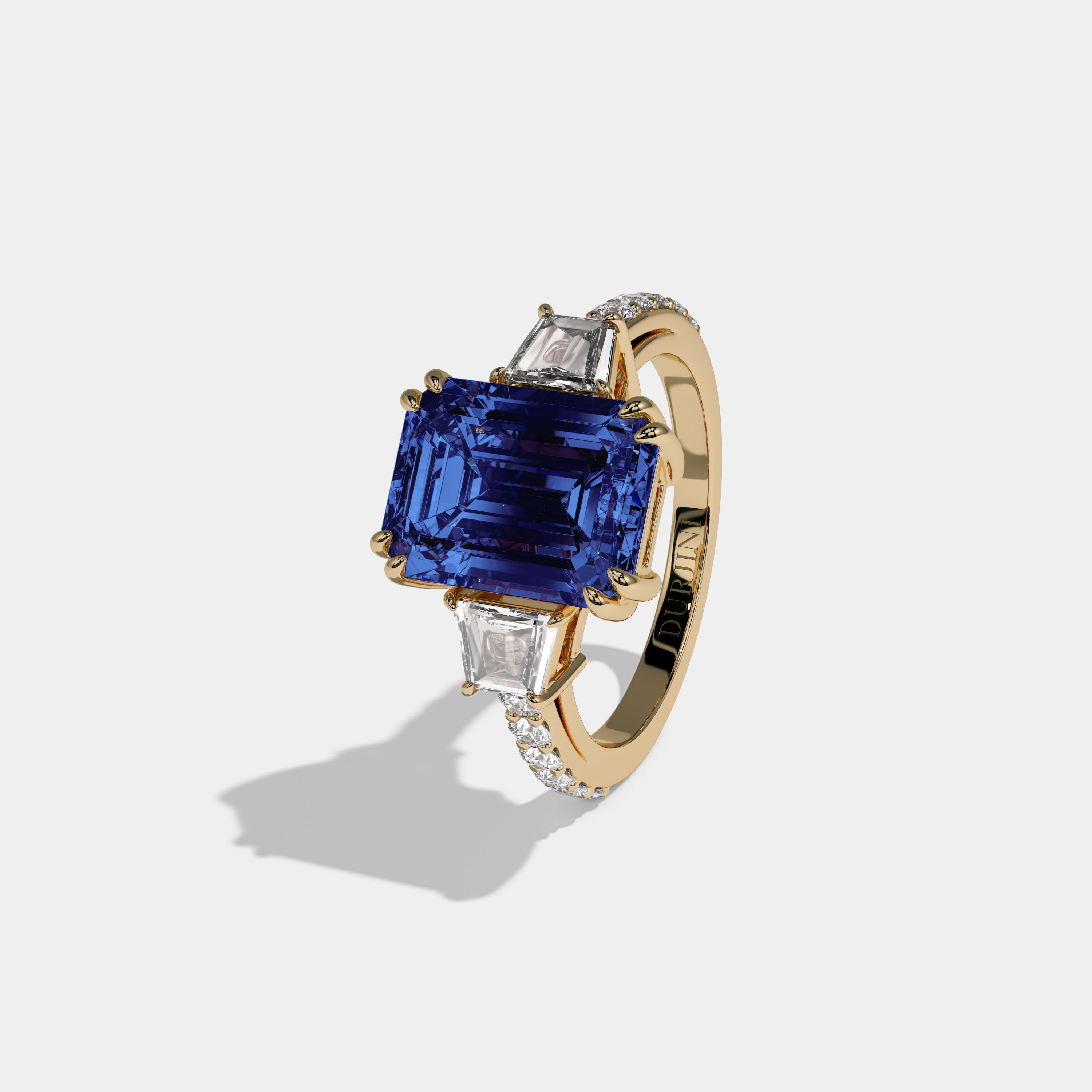 Augusta Fancy Dark Blue Emerald Cut Diamond Band With Step Cut Sides Engagement Ring 7ct 18K Yellow Gold