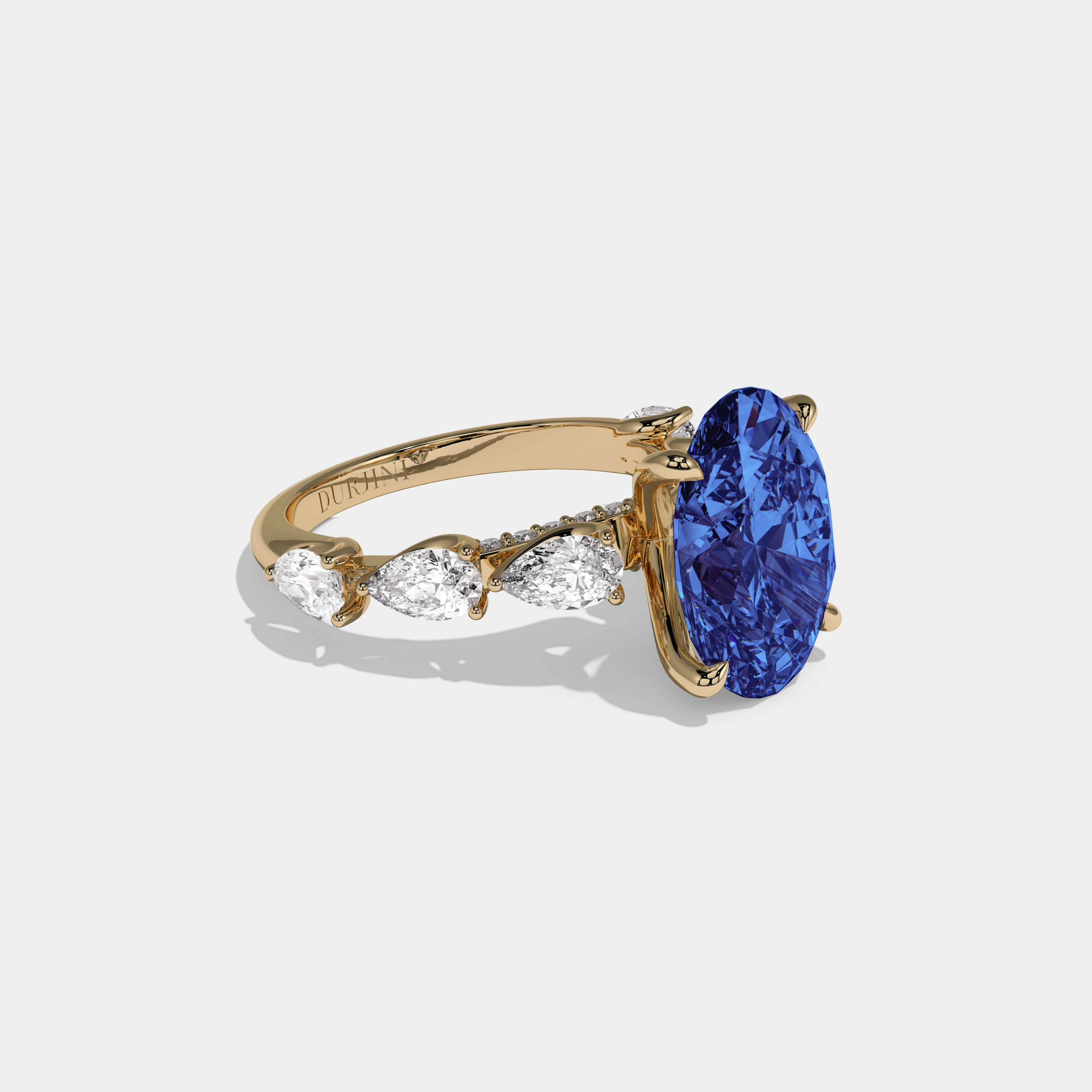 Diana Fancy Dark Blue Oval Cut Diamond Band With Pear Cuts Engagement Ring 6ct 18K Yellow Gold