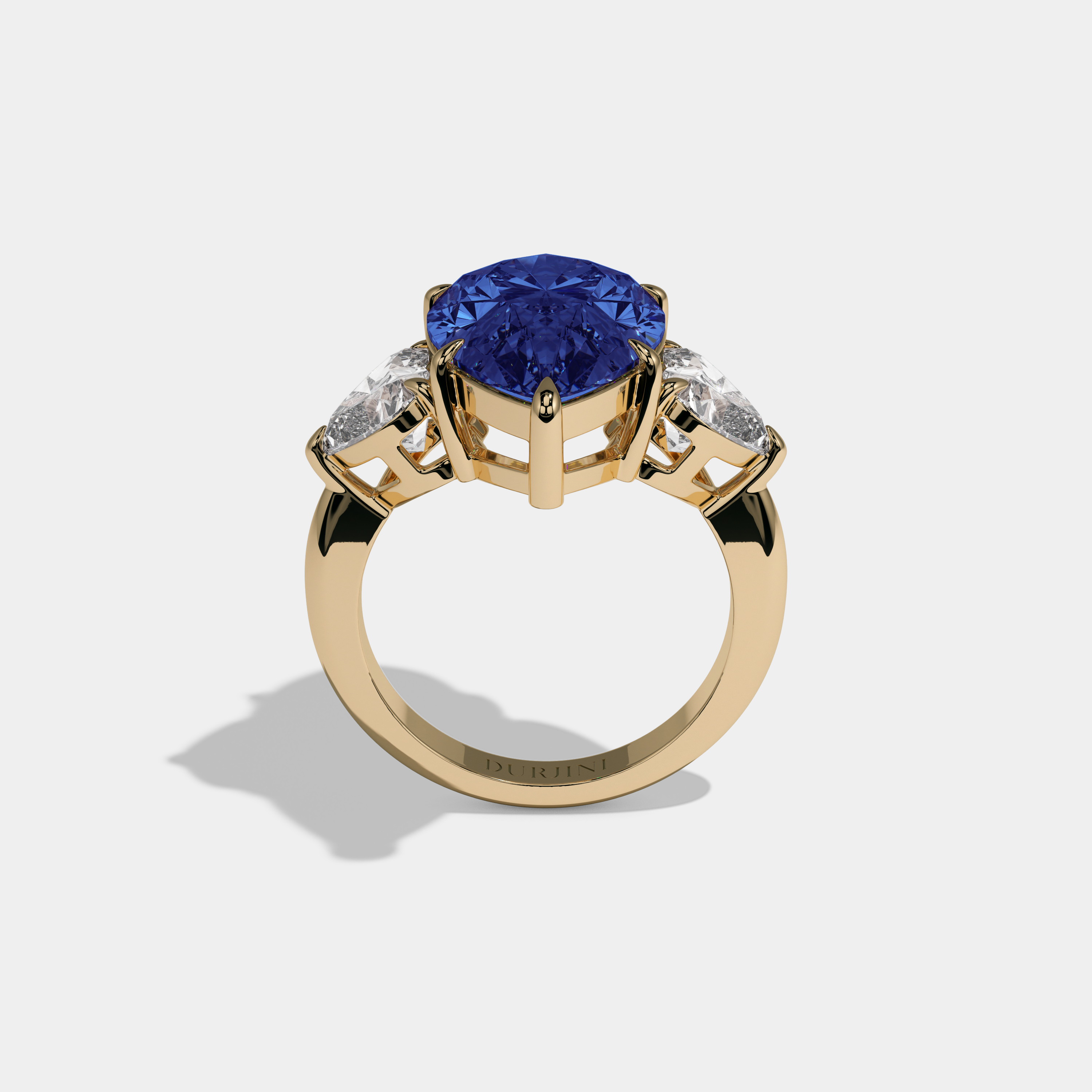 Diana Fancy Dark Blue Pear Cut Diamond Plain Band With Heart Cut Sides Engagement Ring 6ct 18K Yellow Gold