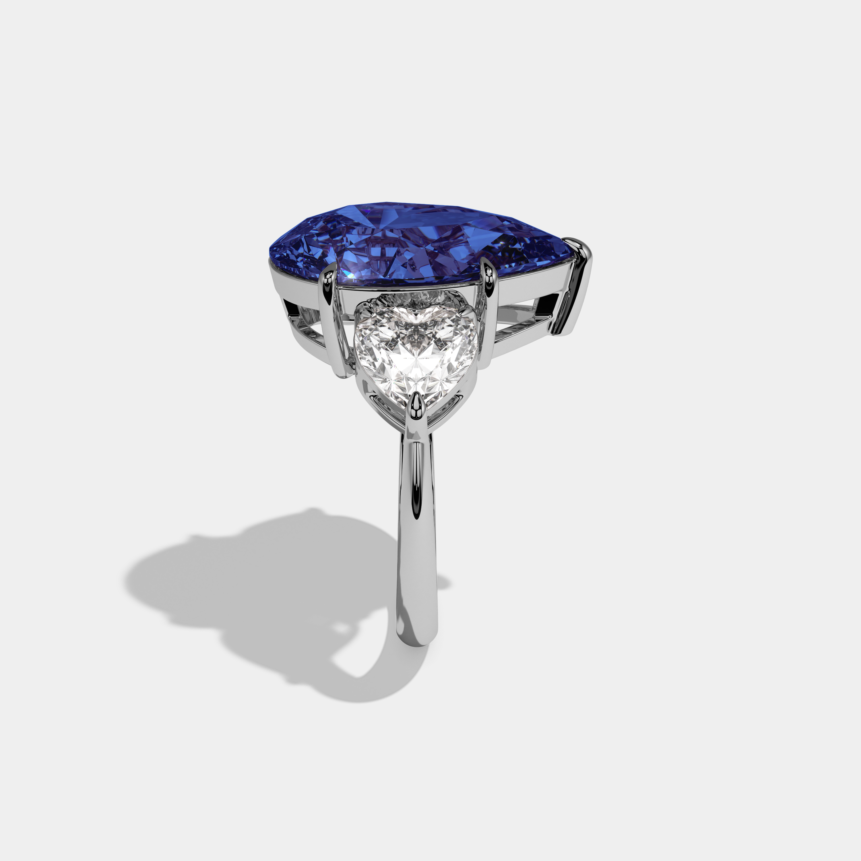 Catherine Fancy Dark Blue Pear Cut Diamond Plain Band With Heart Cut Sides Engagement Ring 6ct 18K White Gold