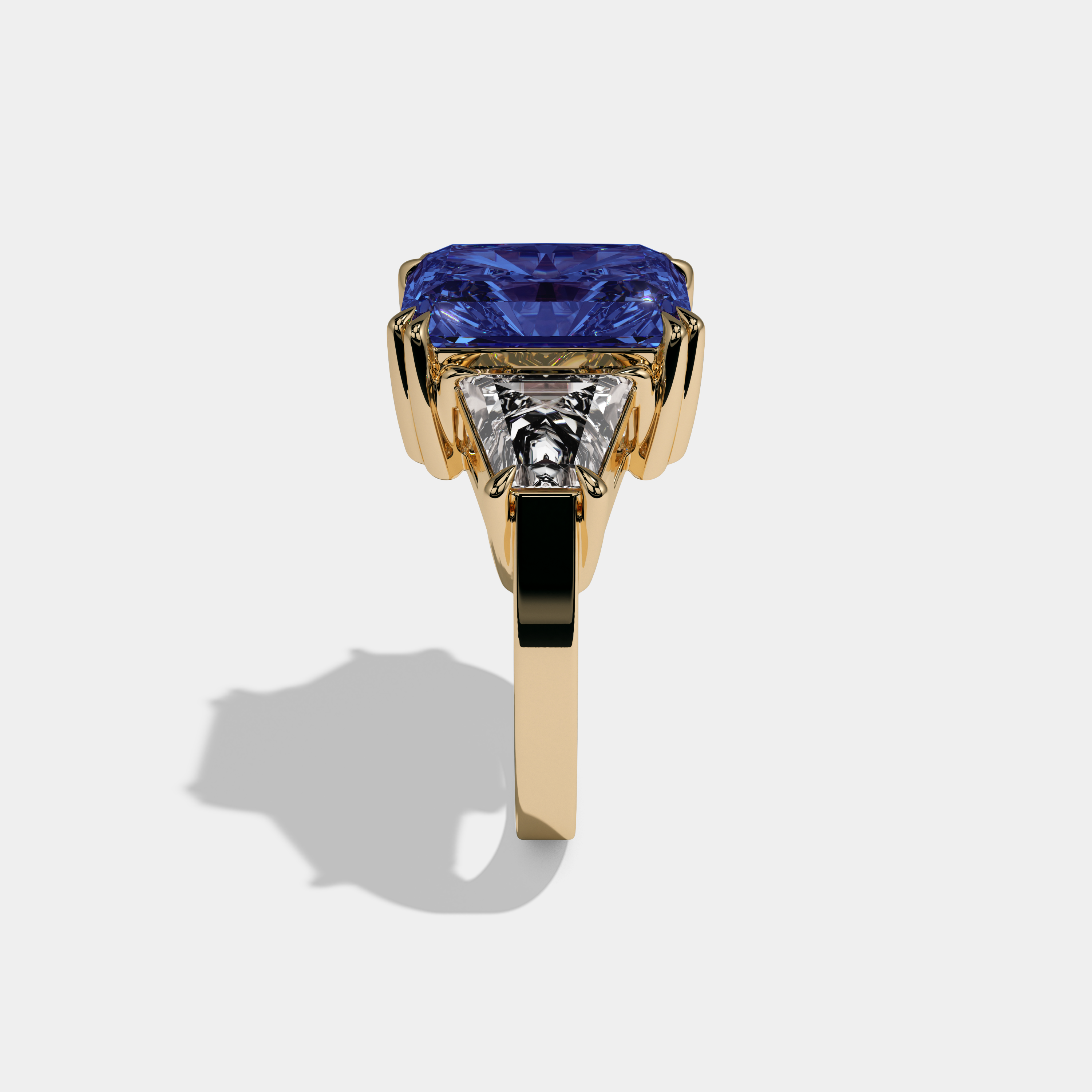 Charlotte Fancy Dark Blue Radiant Cut Diamond Plain Band With Trapezoid Sides Engagement Ring 7ct 18K Yellow Gold