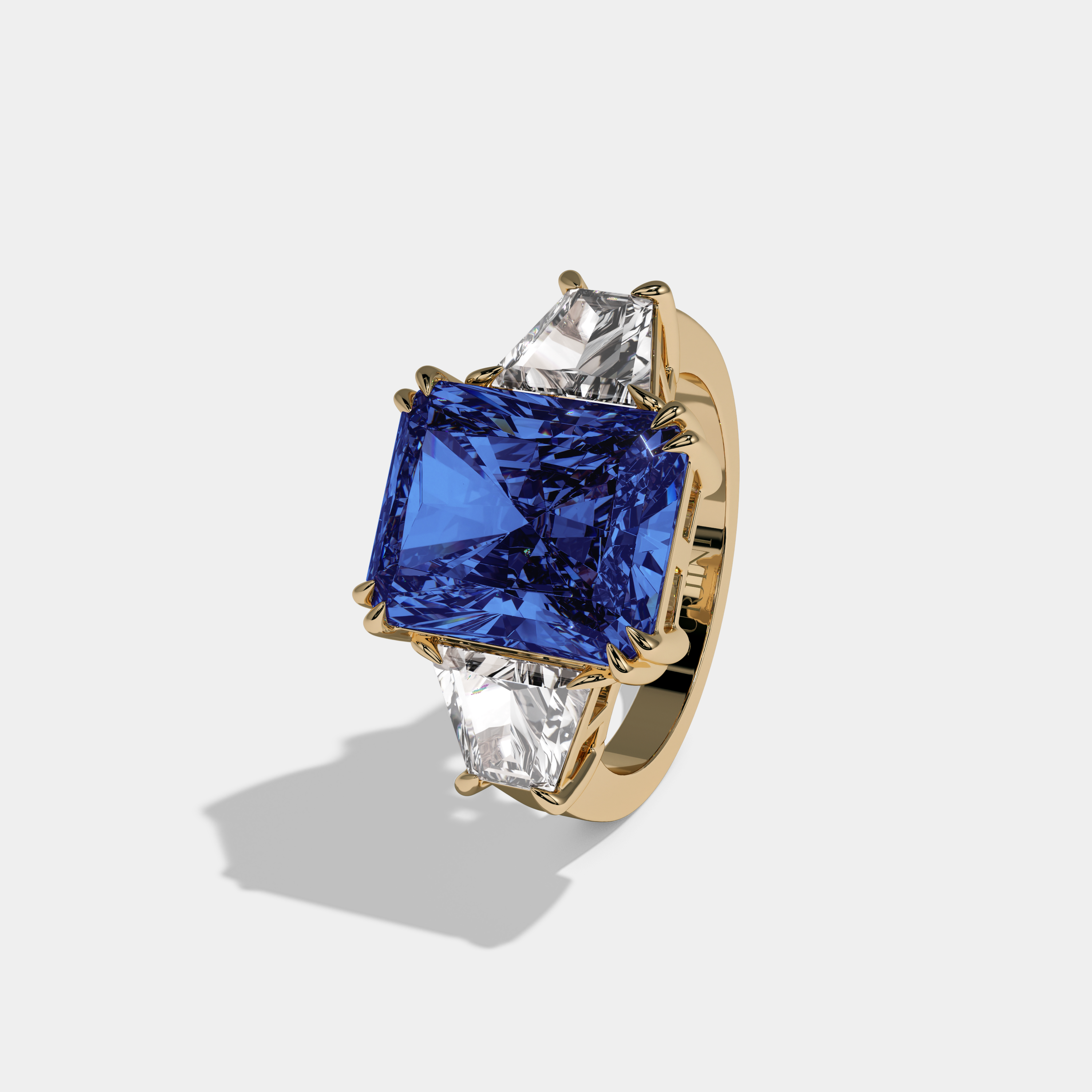 Charlotte Fancy Dark Blue Radiant Cut Diamond Plain Band With Trapezoid Sides Engagement Ring 7ct 18K Yellow Gold