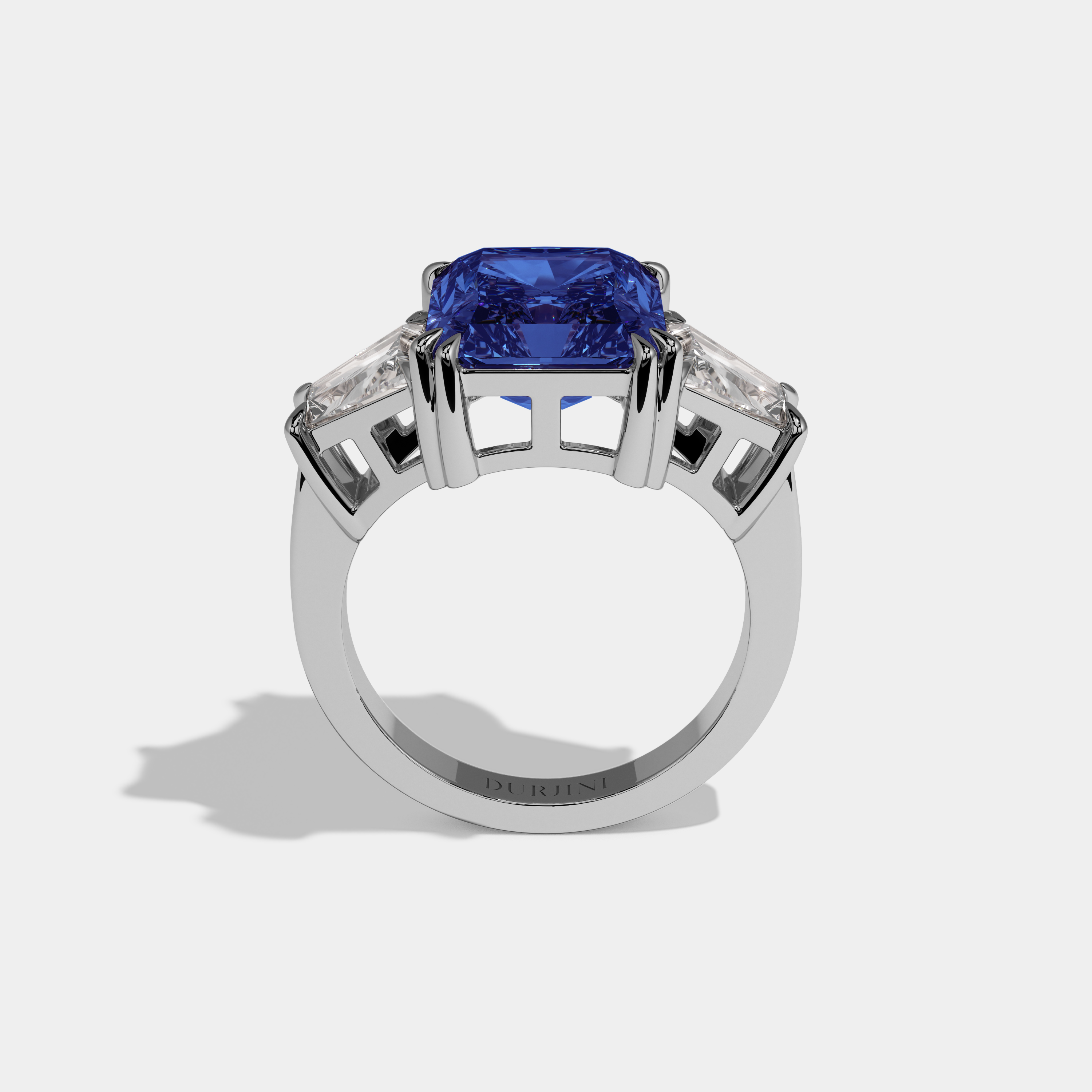 Diana Fancy Dark Blue Radiant Cut Diamond Plain Band With Trapezoid Sides Engagement Ring 7ct 18K White Gold