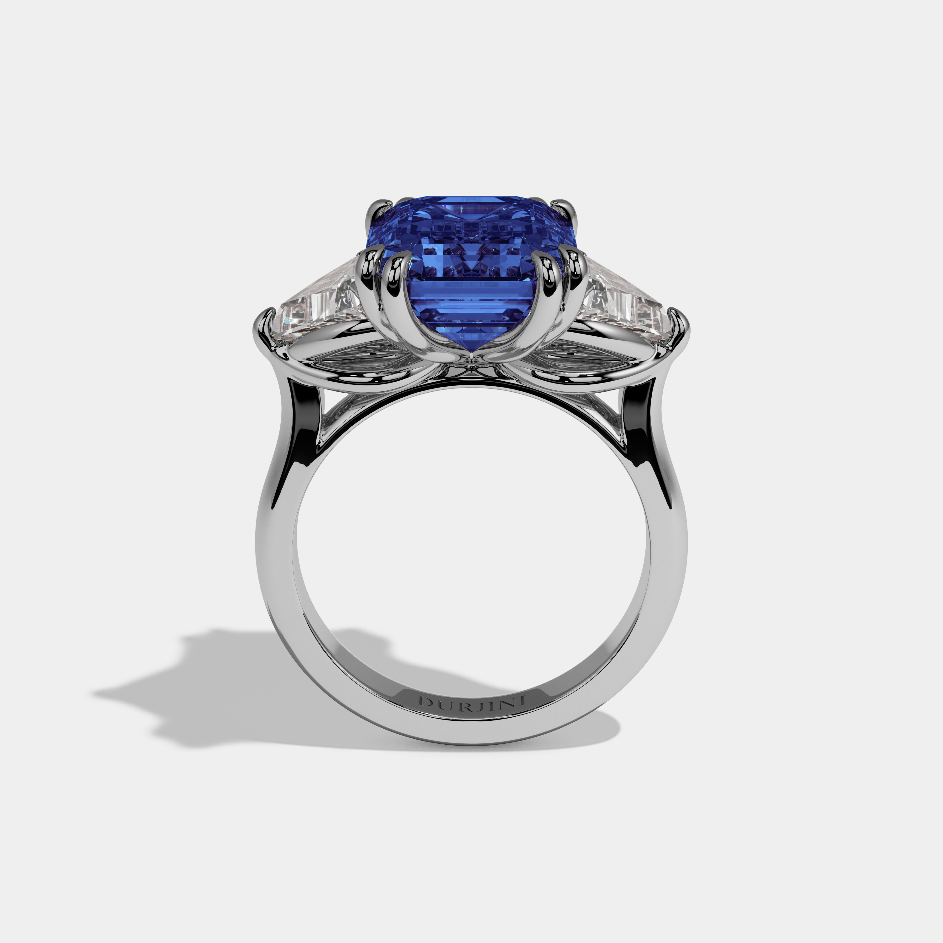 Elizabeth Fancy Dark Blue Emerald Cut Diamond Plain Band With Triangle Cuts Engagement Ring 6.5ct 18K White Gold