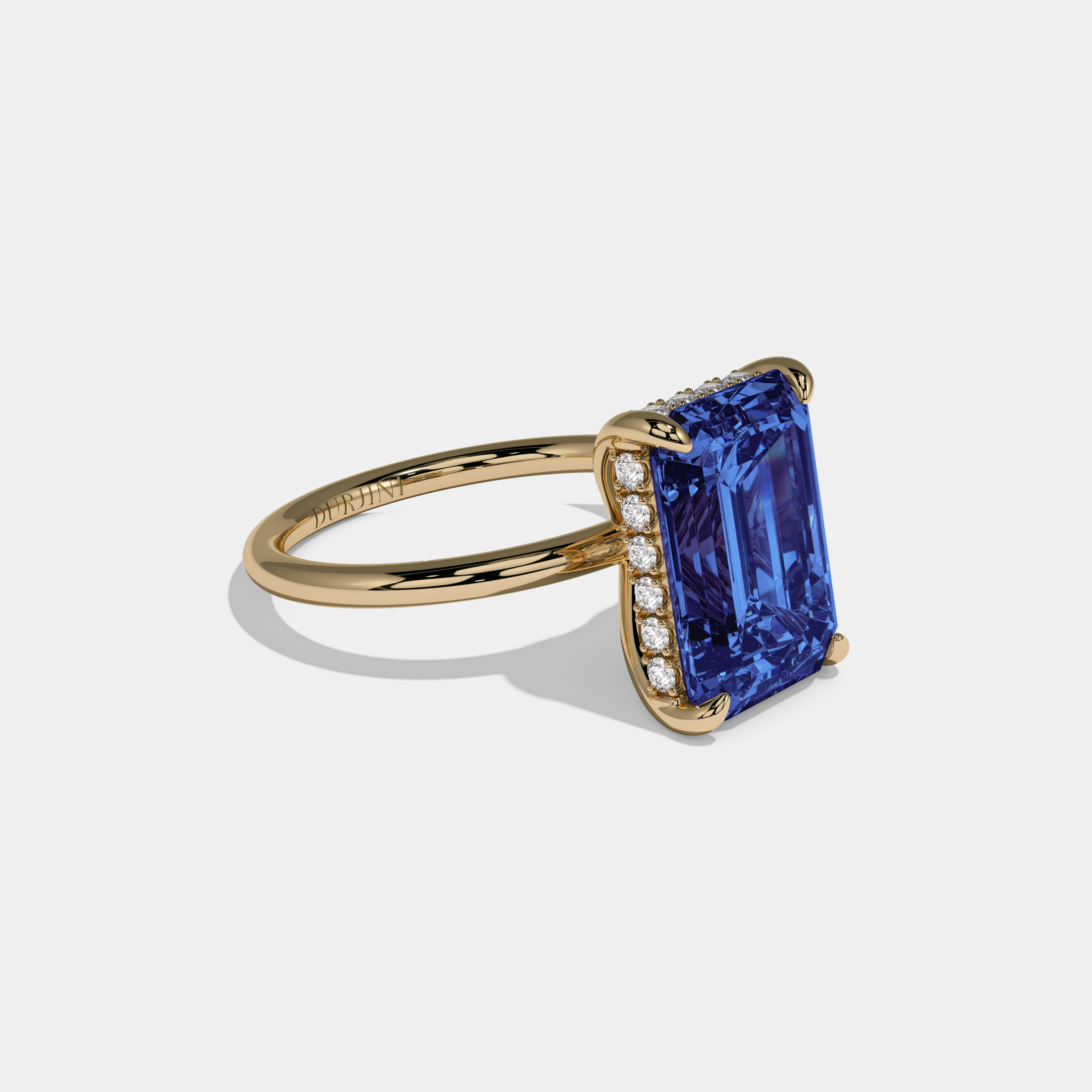 Anne Fancy Dark Blue Emerald Brilliant Cut Diamond Plain Band With Hidden Halo 6.5ct 18K Yellow Gold