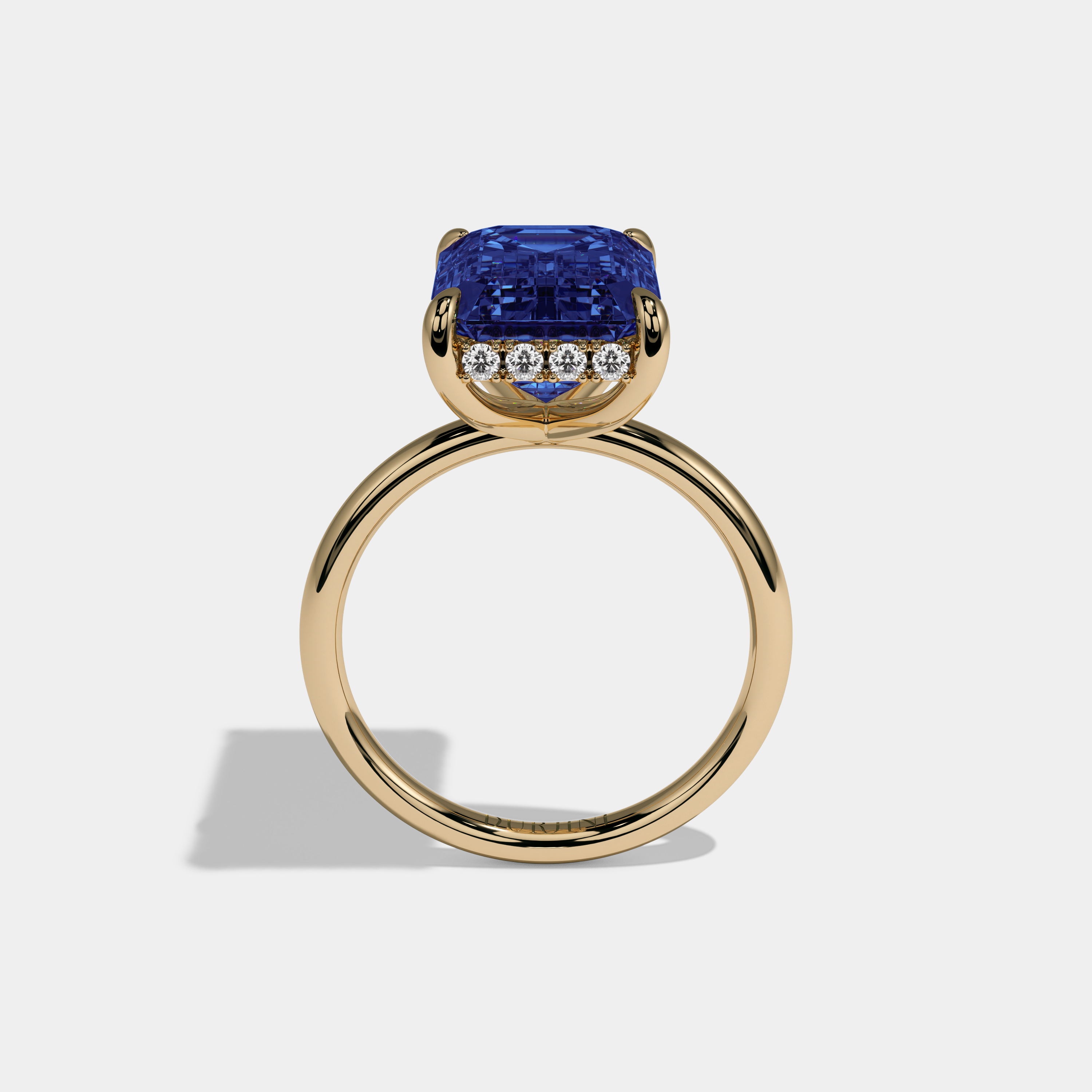 Anne Fancy Dark Blue Emerald Brilliant Cut Diamond Plain Band With Hidden Halo 6.5ct 18K Yellow Gold