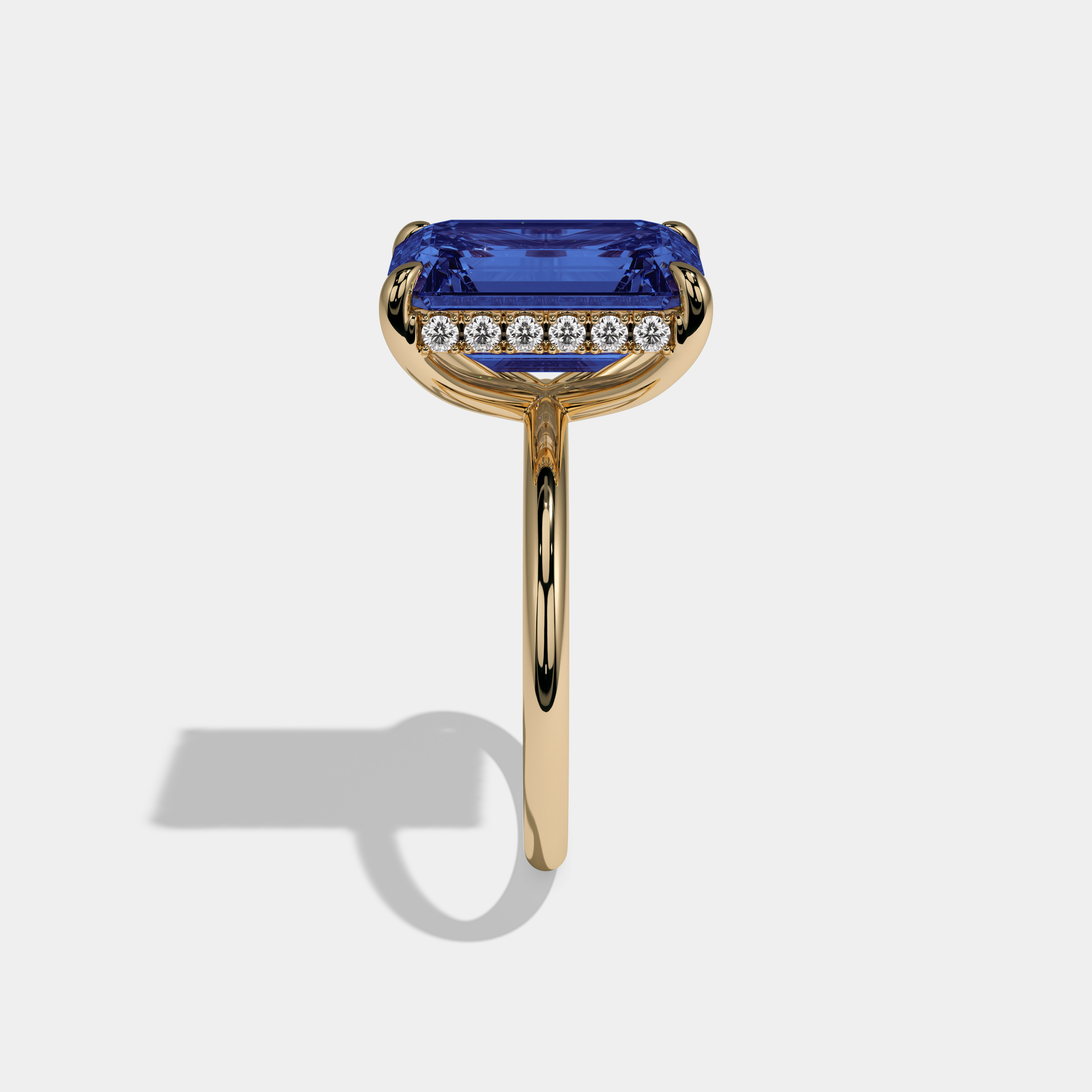 Anne Fancy Dark Blue Emerald Brilliant Cut Diamond Plain Band With Hidden Halo 6.5ct 18K Yellow Gold