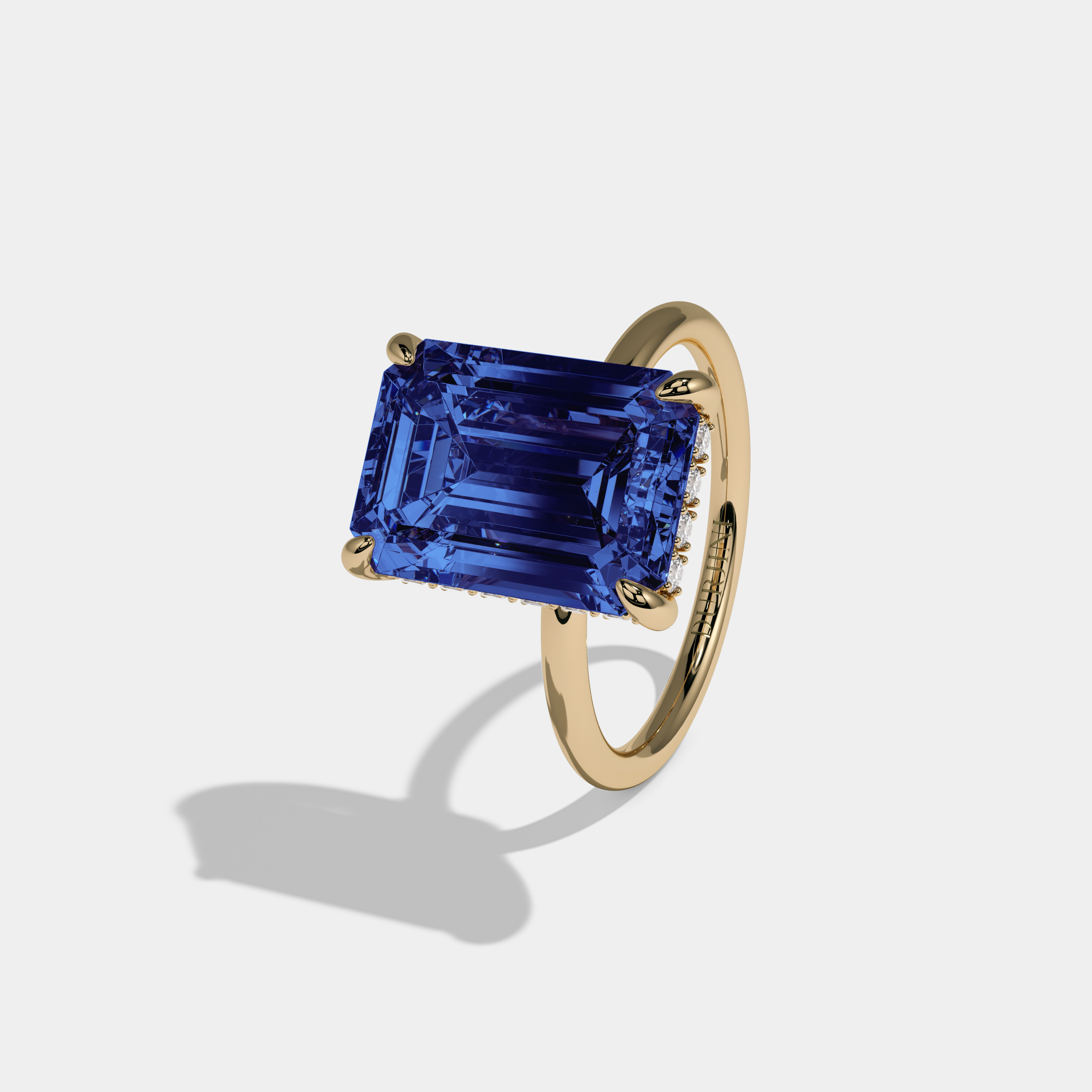 Anne Fancy Dark Blue Emerald Brilliant Cut Diamond Plain Band With Hidden Halo 6.5ct 18K Yellow Gold