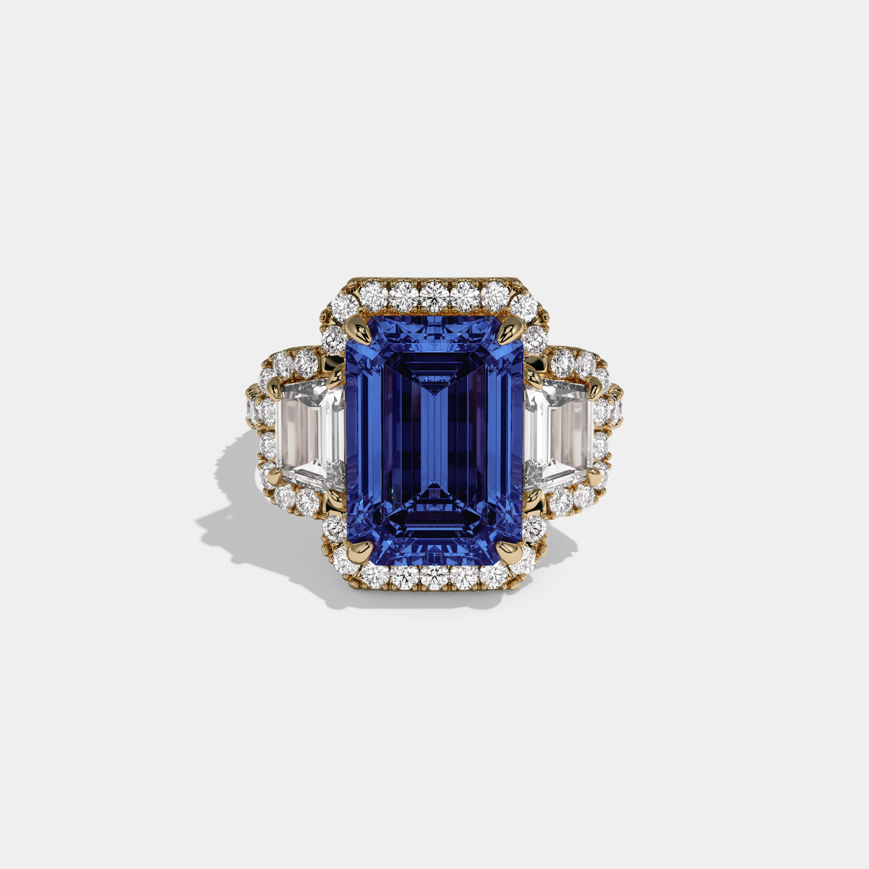 Anne Fancy Dark Blue Emerald Cut Diamond Band With Halo Engagement Ring 8ct 18K Yellow Gold