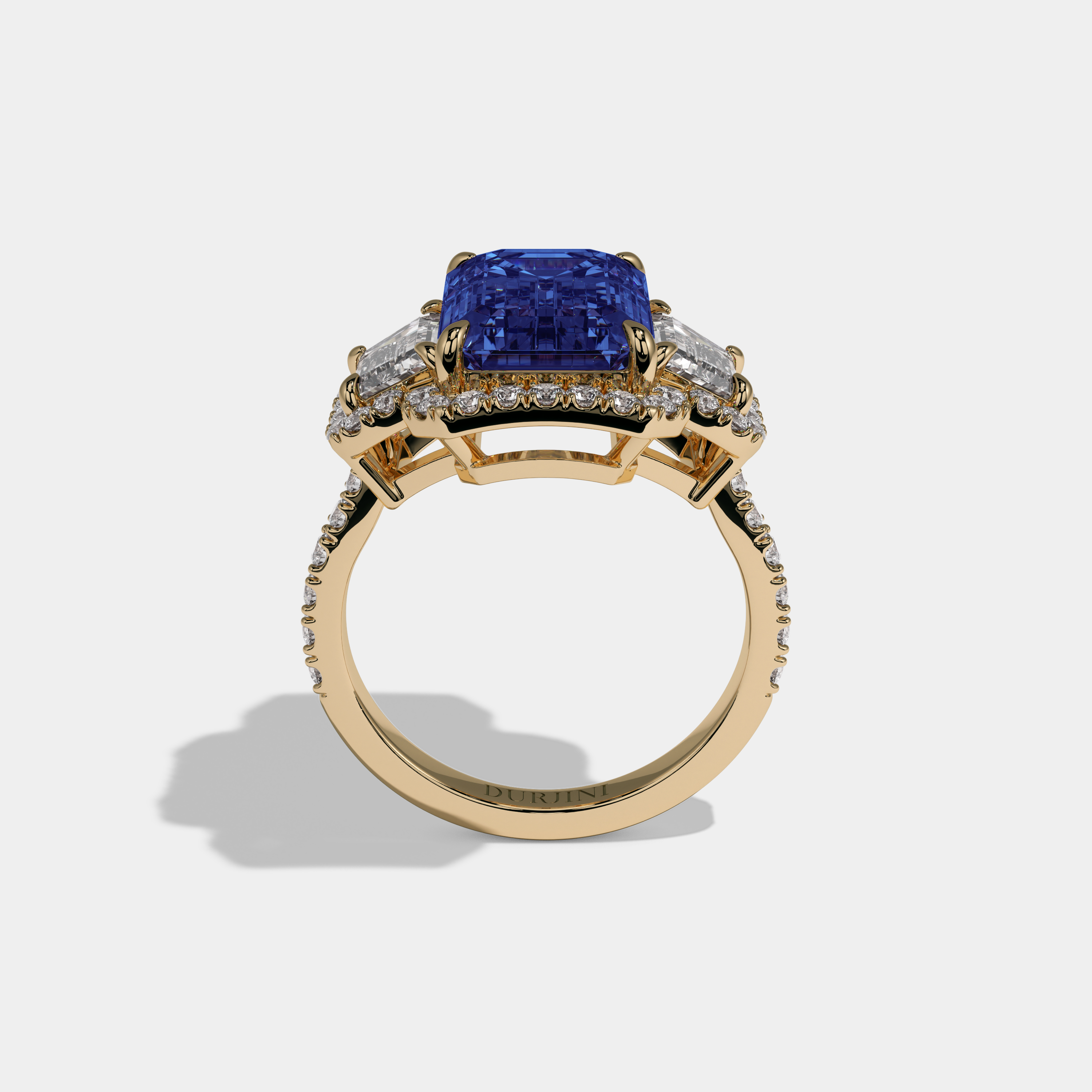 Anne Fancy Dark Blue Emerald Cut Diamond Band With Halo Engagement Ring 8ct 18K Yellow Gold