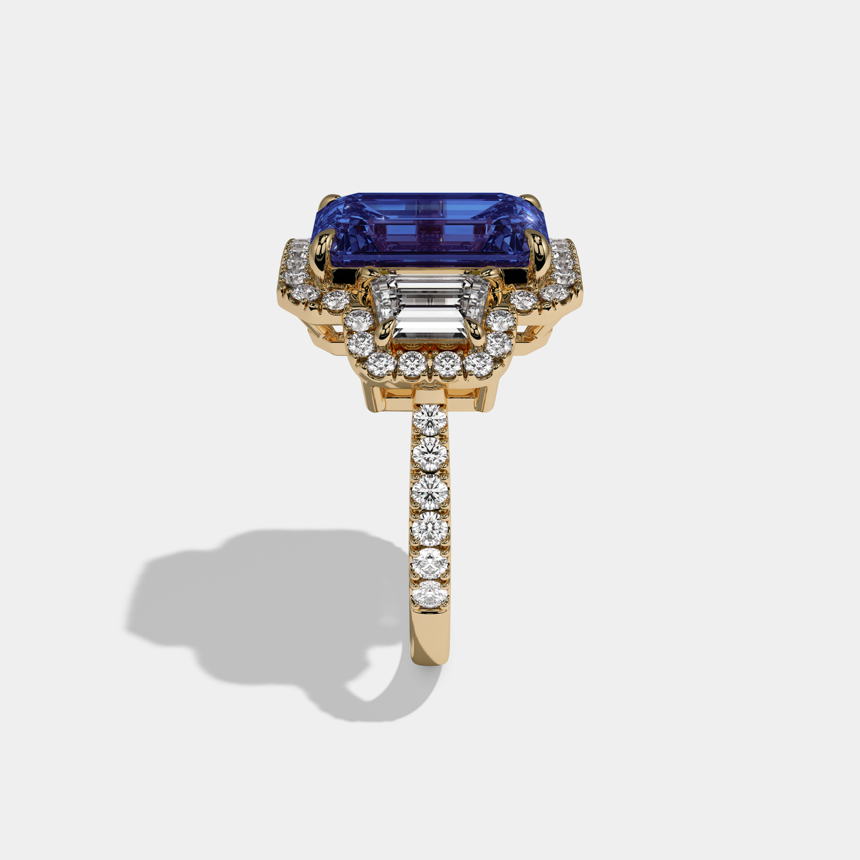 Anne Fancy Dark Blue Emerald Cut Diamond Band With Halo Engagement Ring 8ct 18K Yellow Gold
