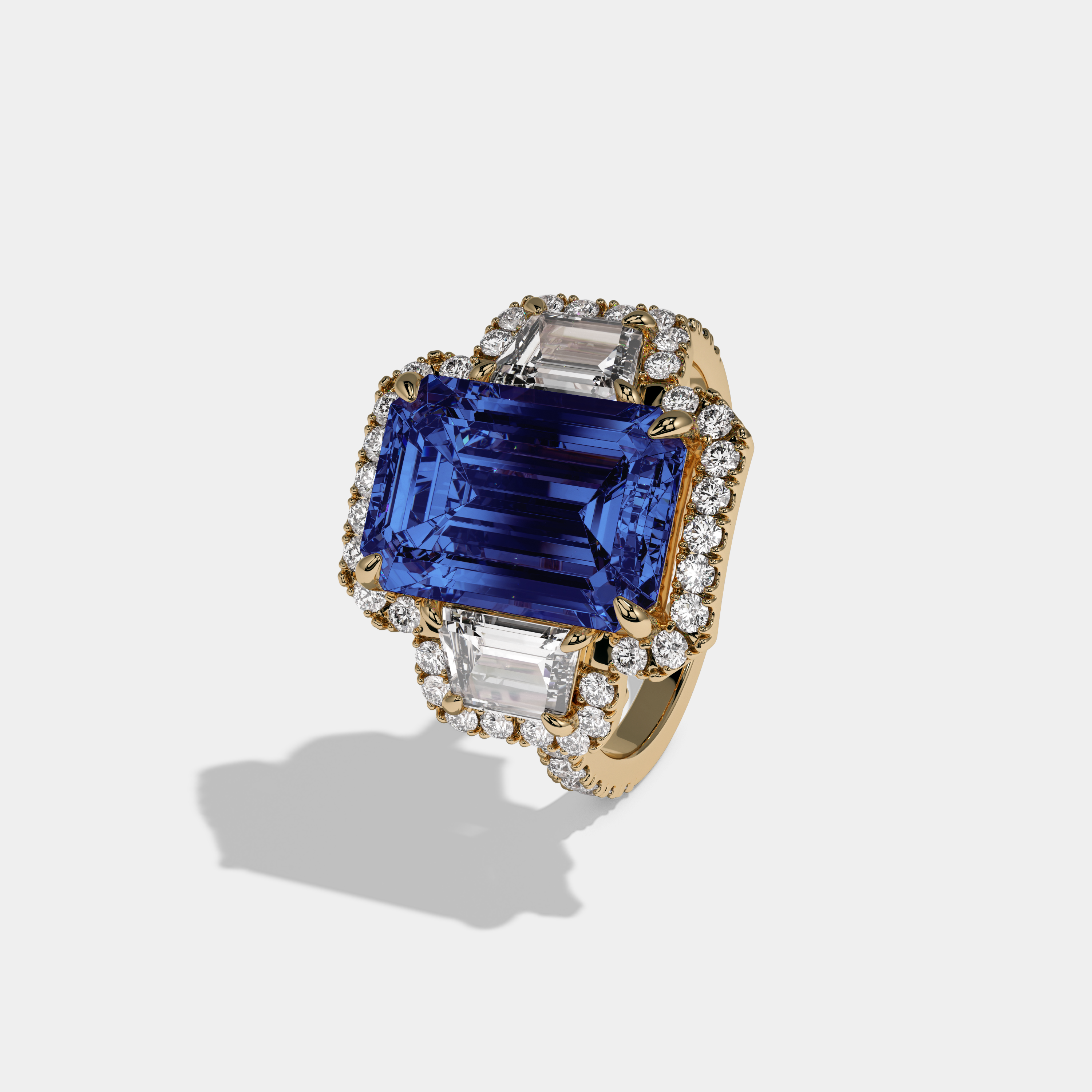 Anne Fancy Dark Blue Emerald Cut Diamond Band With Halo Engagement Ring 8ct 18K Yellow Gold