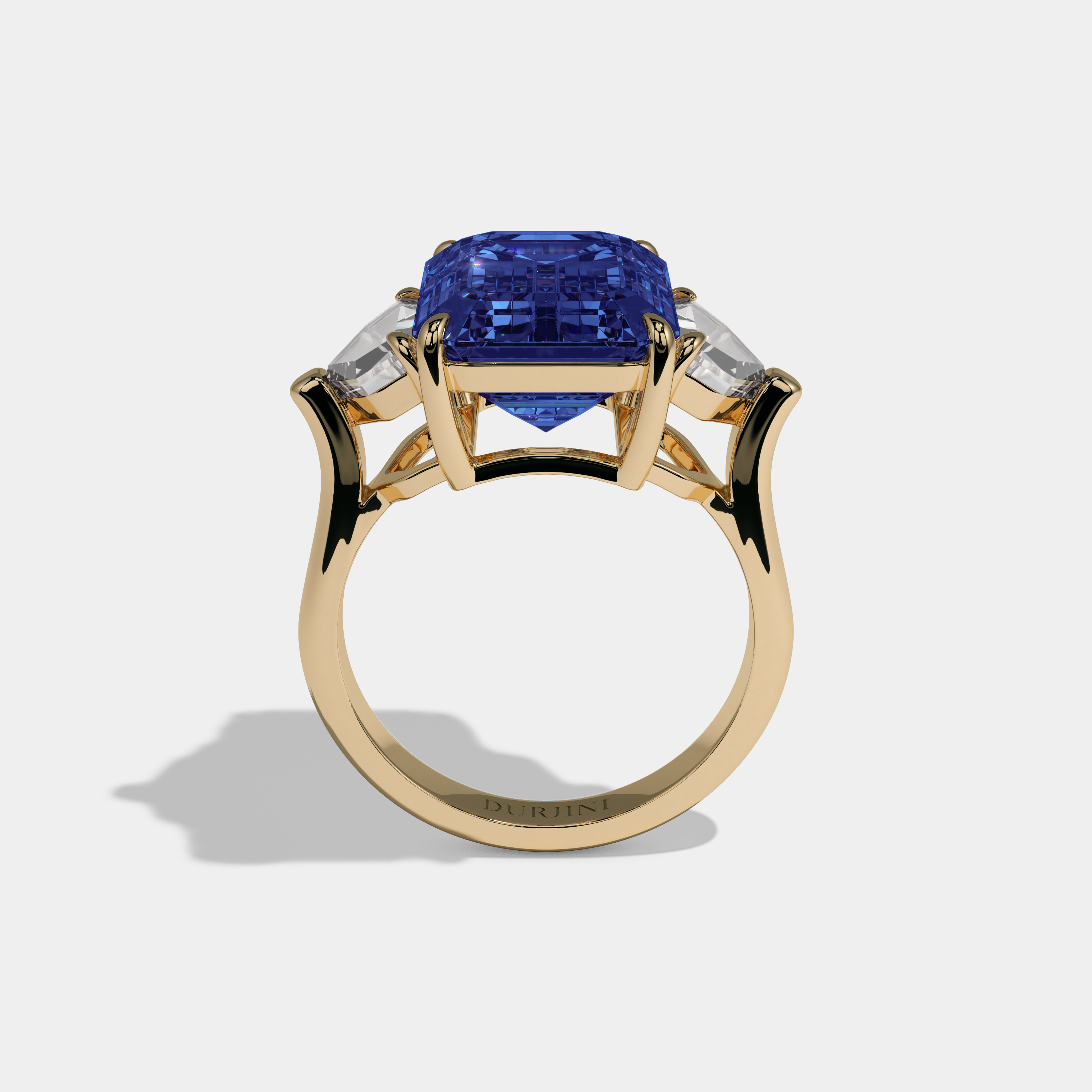 Anne Fancy Dark Blue Emerald Cut Diamond Plain Band Engagement Ring With Pentagon Sides 9ct 18K Yellow Gold