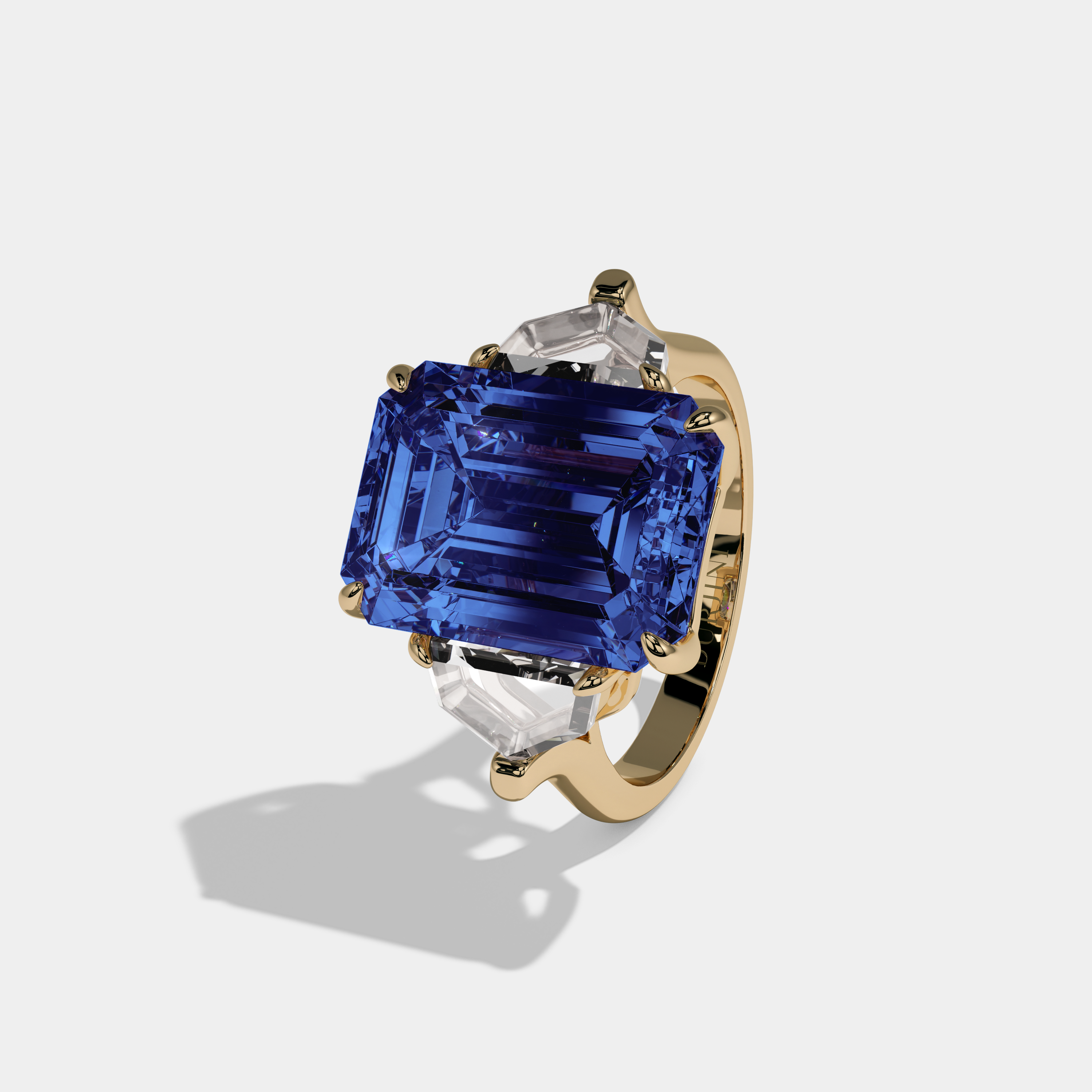 Anne Fancy Dark Blue Emerald Cut Diamond Plain Band Engagement Ring With Pentagon Sides 9ct 18K Yellow Gold