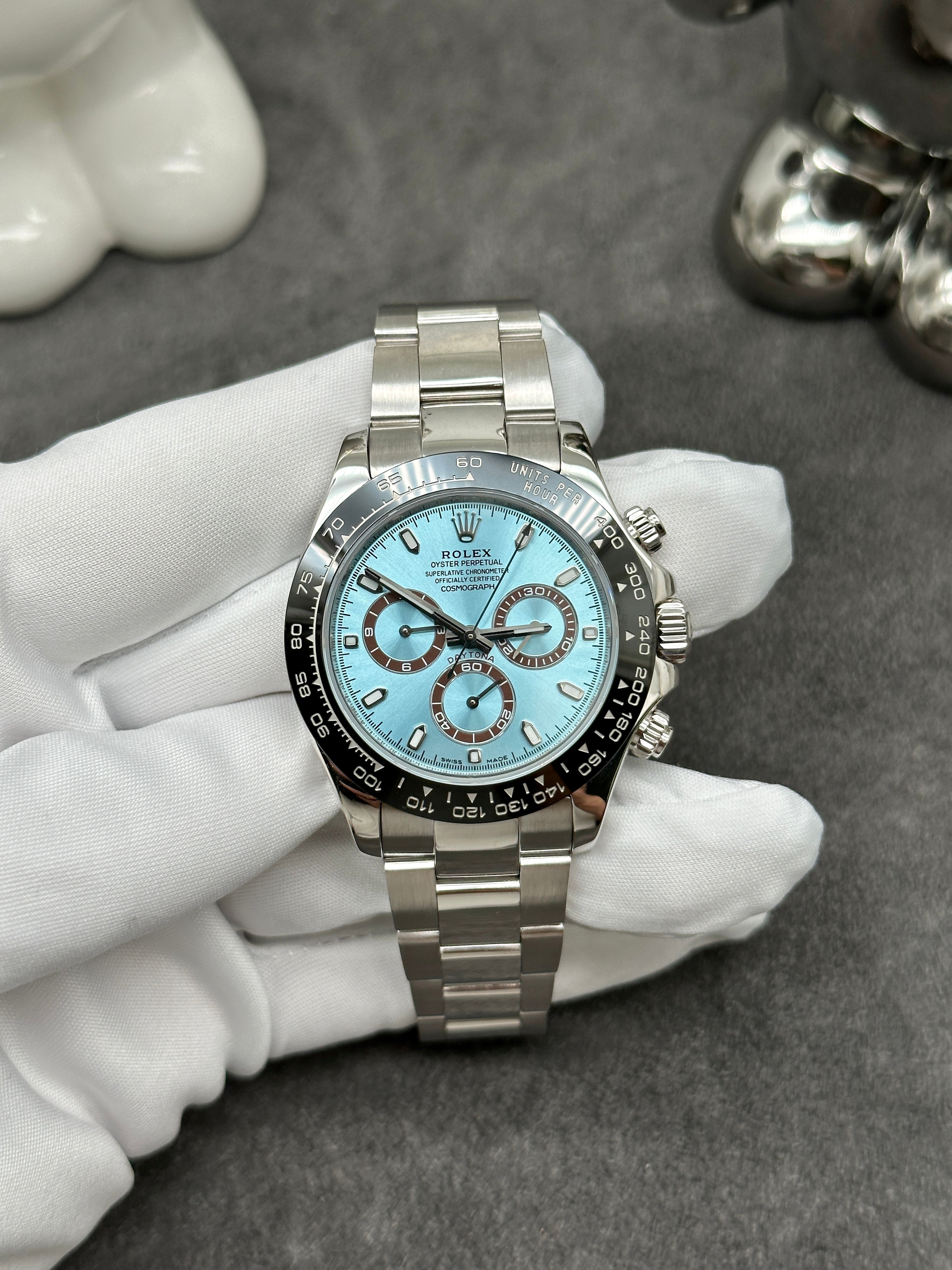 ROLEX DAYTONA 40MM PLATINUM ICE BLUE DIAL CERAMIC BEZEL B&P