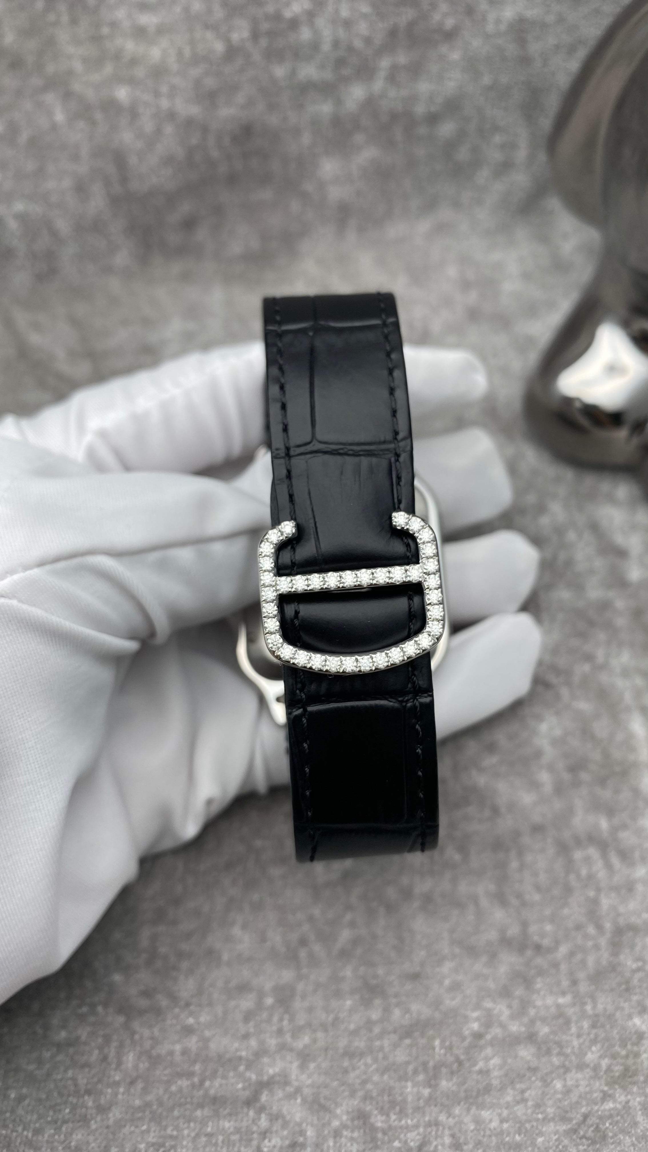 Customised Cartier Santos Large Steel Watch w/Diamond Pave Set and Leather Strap
