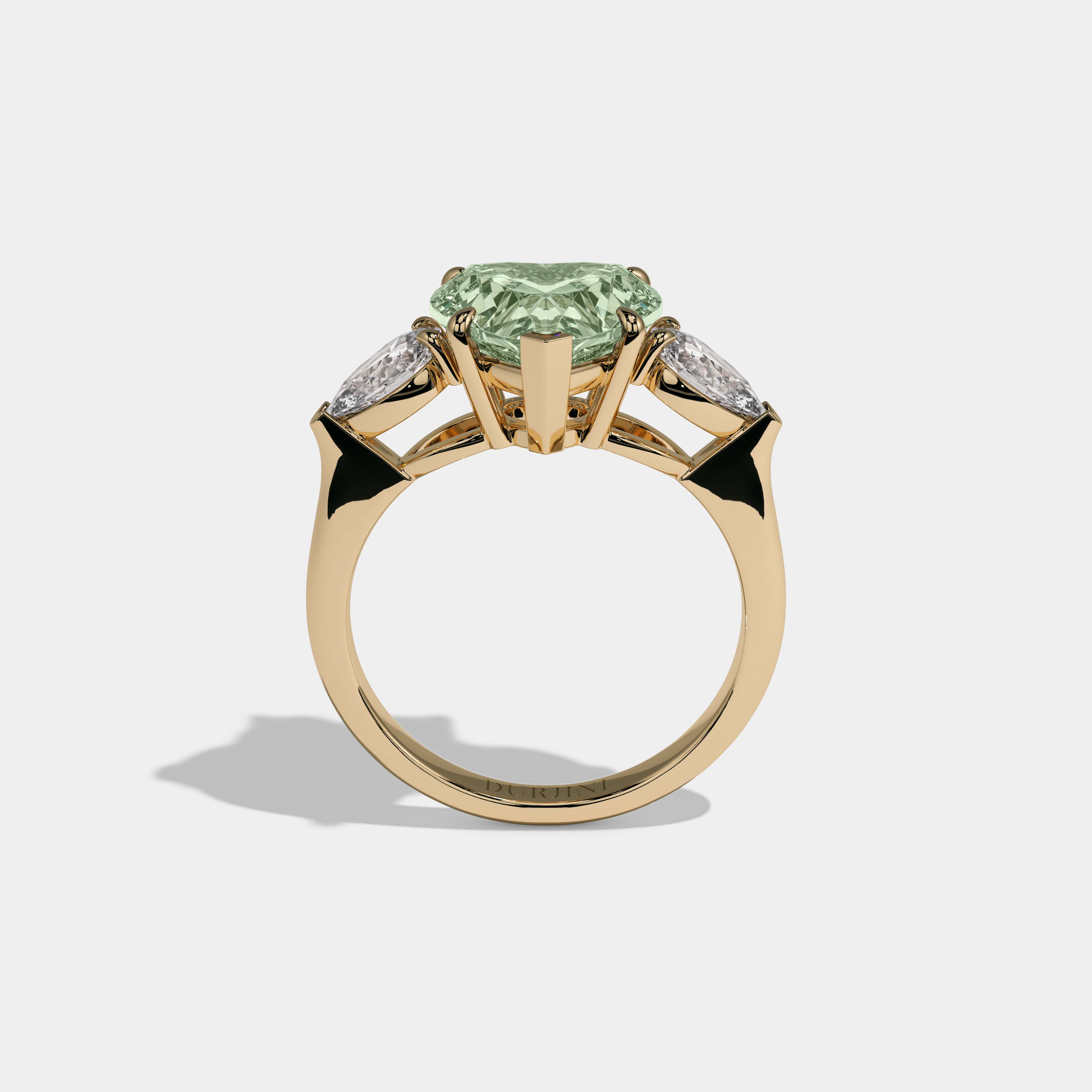 Adelaide Fancy Light Green Heart Cut Diamond Plain Band With Pear Cut Sides Engagement Ring 8ct 18K Yellow Gold