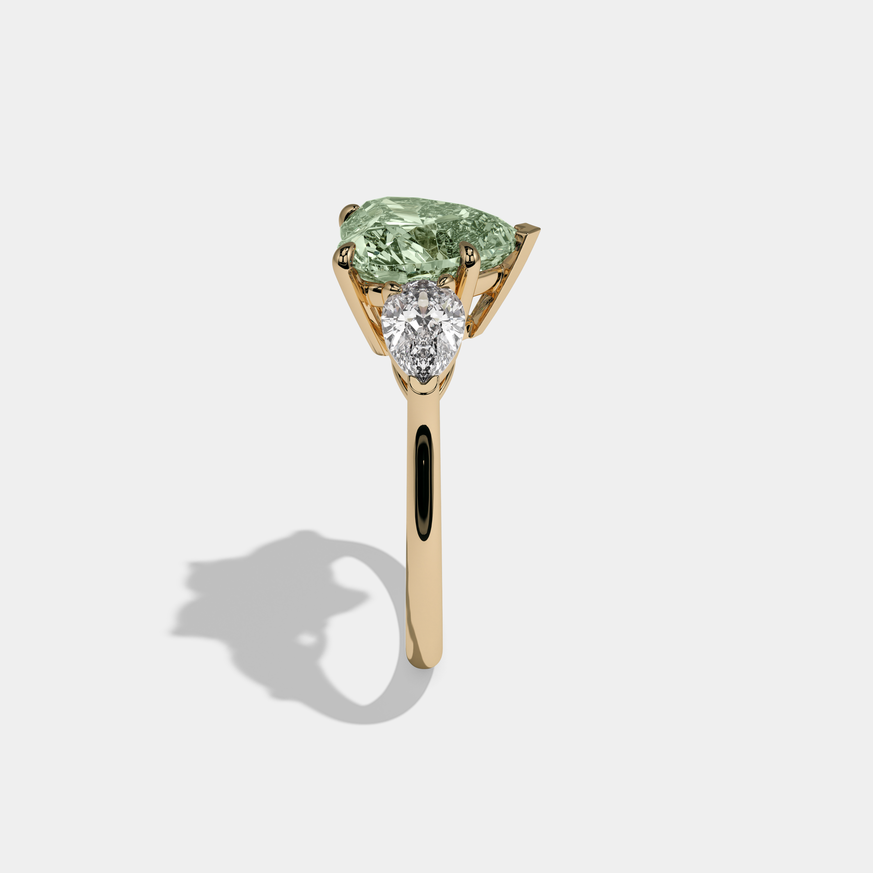 Adelaide Fancy Light Green Heart Cut Diamond Plain Band With Pear Cut Sides Engagement Ring 8ct 18K Yellow Gold