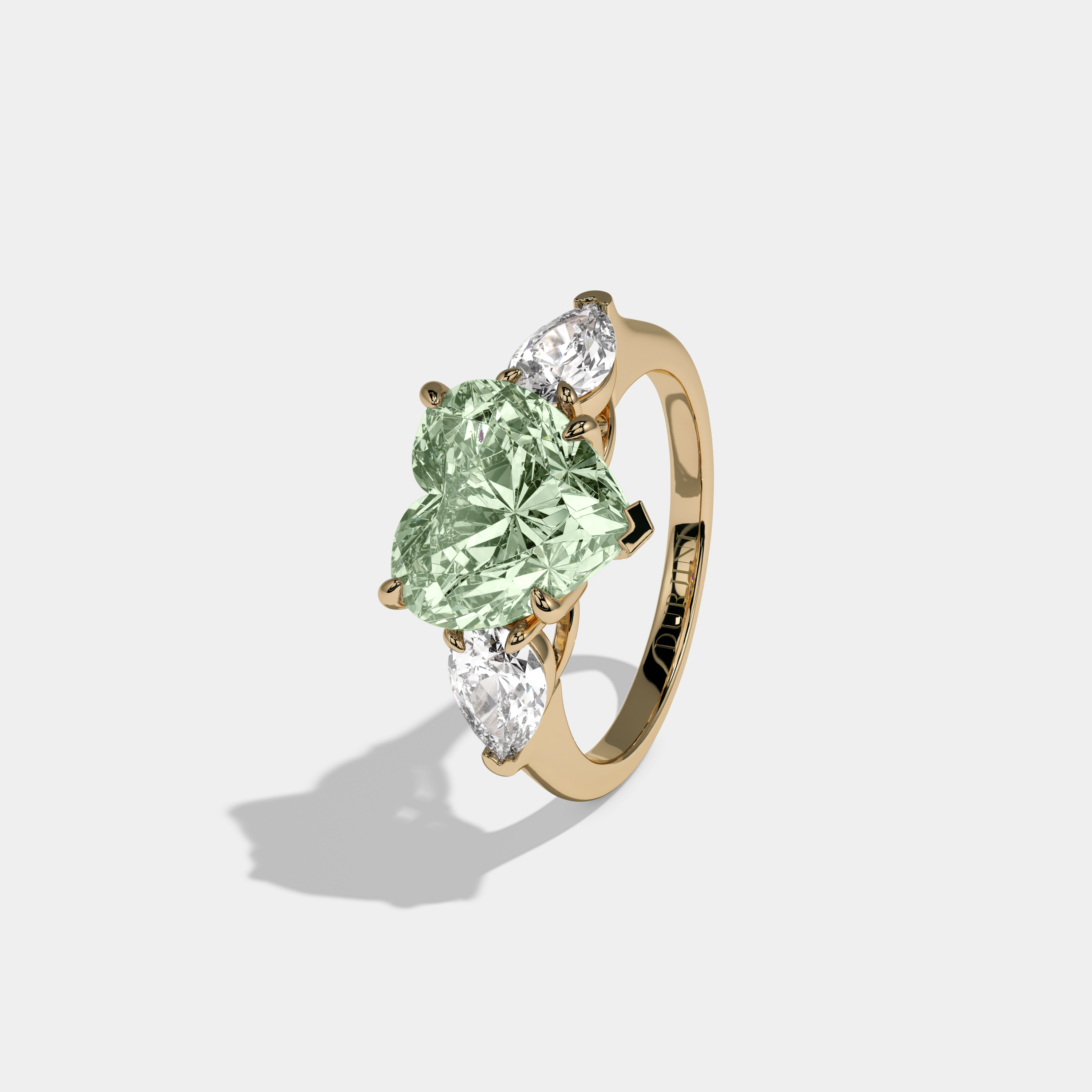 Adelaide Fancy Light Green Heart Cut Diamond Plain Band With Pear Cut Sides Engagement Ring 8ct 18K Yellow Gold