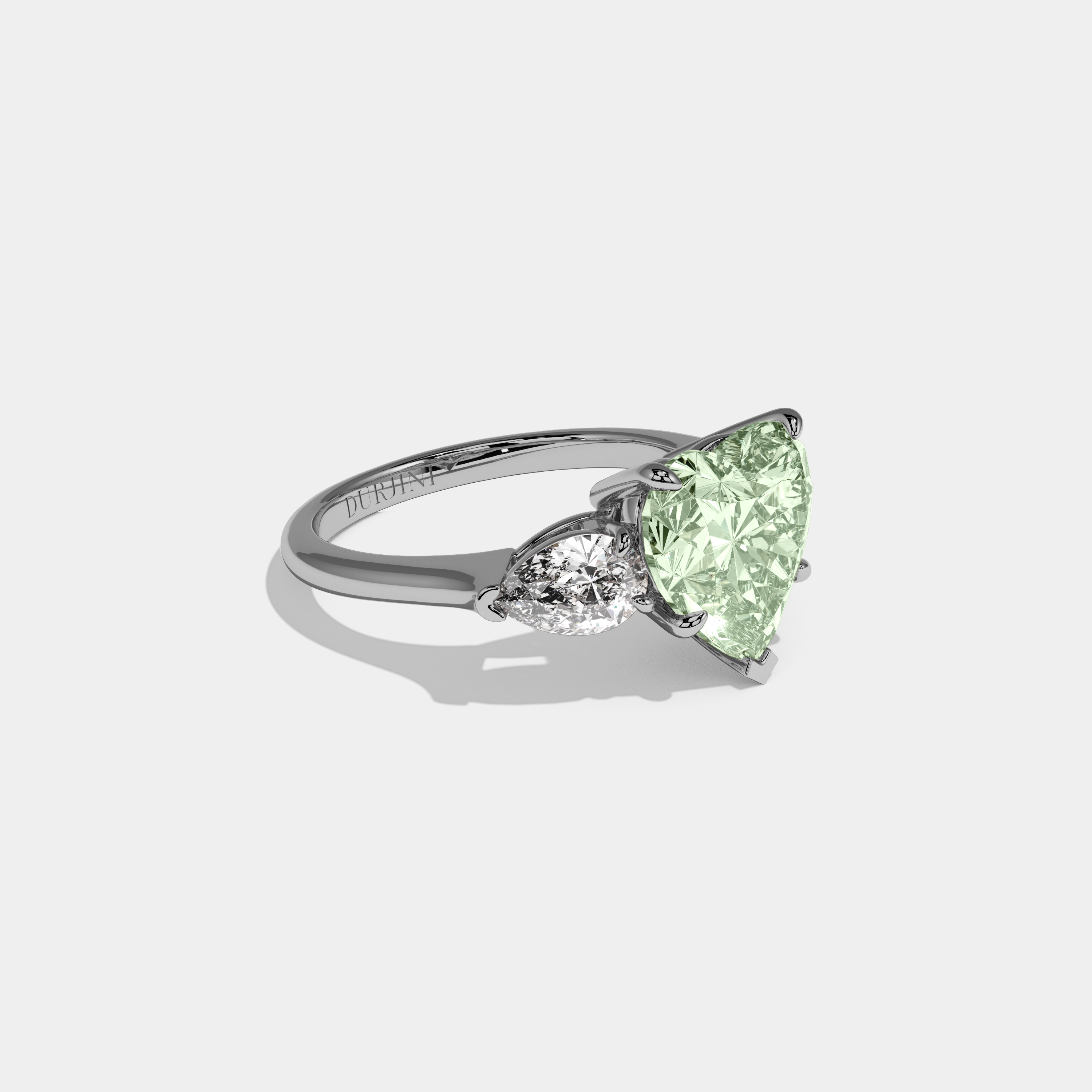 Alice Fancy Light Green Heart Cut Diamond Plain Band With Pear Cut Sides Engagement Ring 8ct 18K White Gold