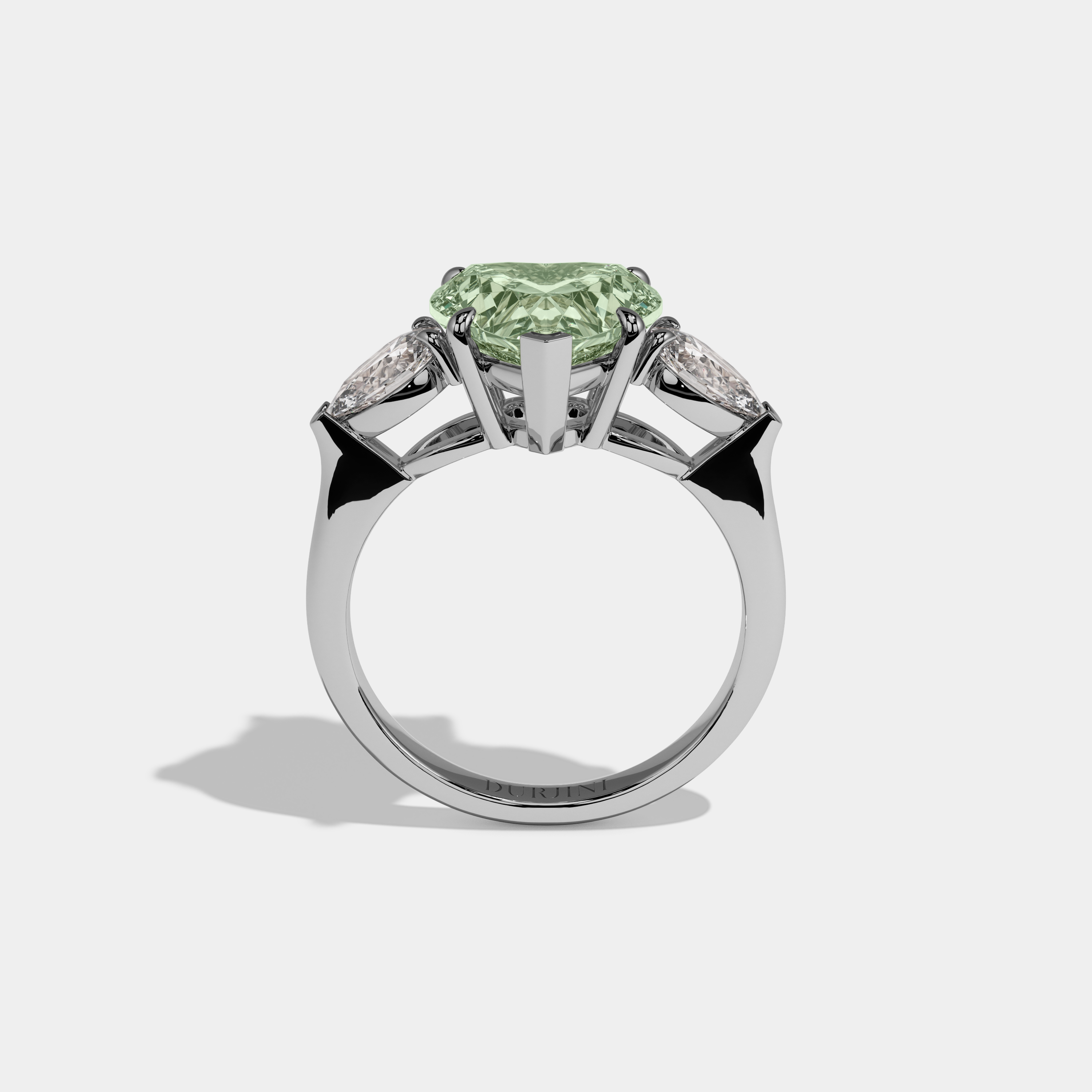 Alice Fancy Light Green Heart Cut Diamond Plain Band With Pear Cut Sides Engagement Ring 8ct 18K White Gold
