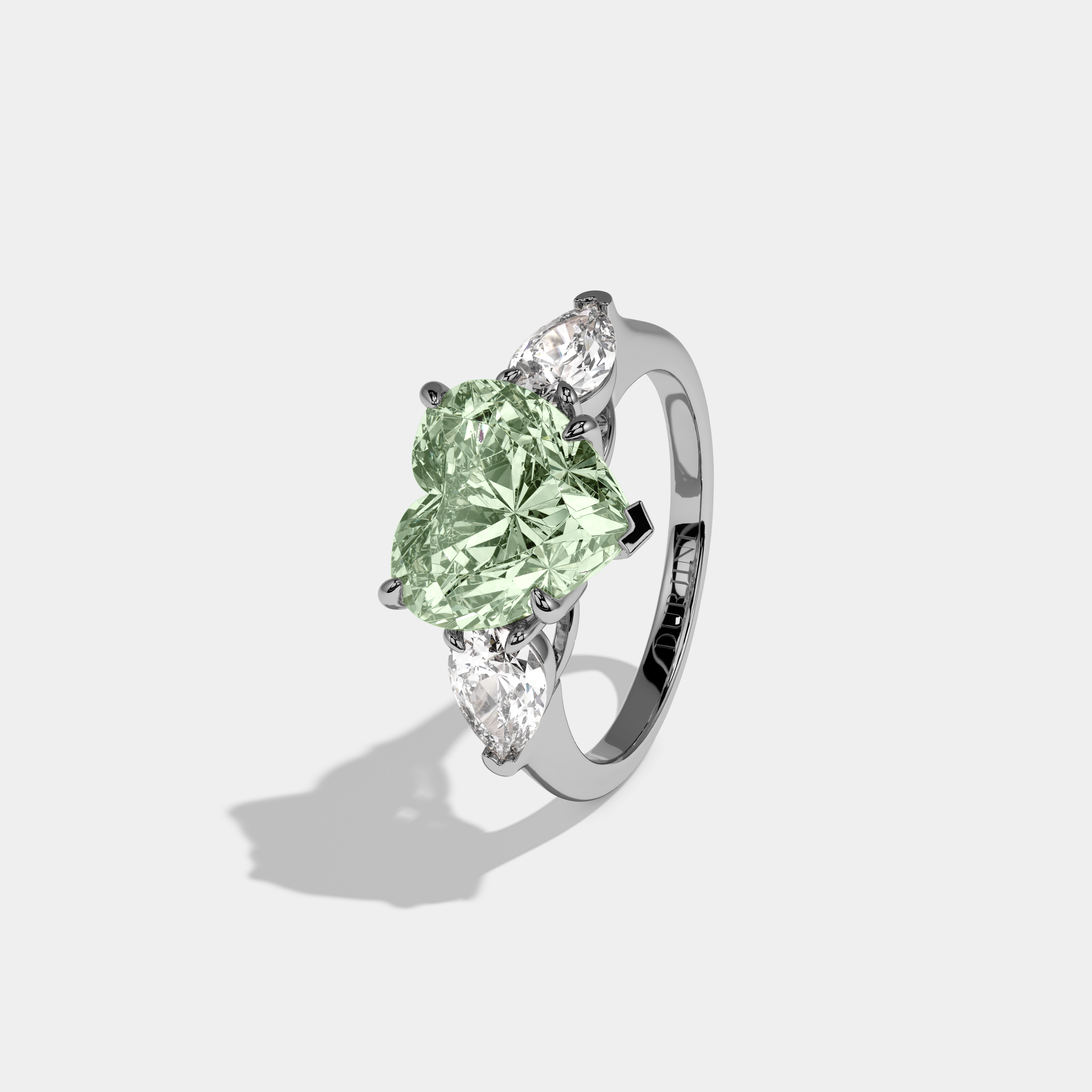 Alice Fancy Light Green Heart Cut Diamond Plain Band With Pear Cut Sides Engagement Ring 8ct 18K White Gold