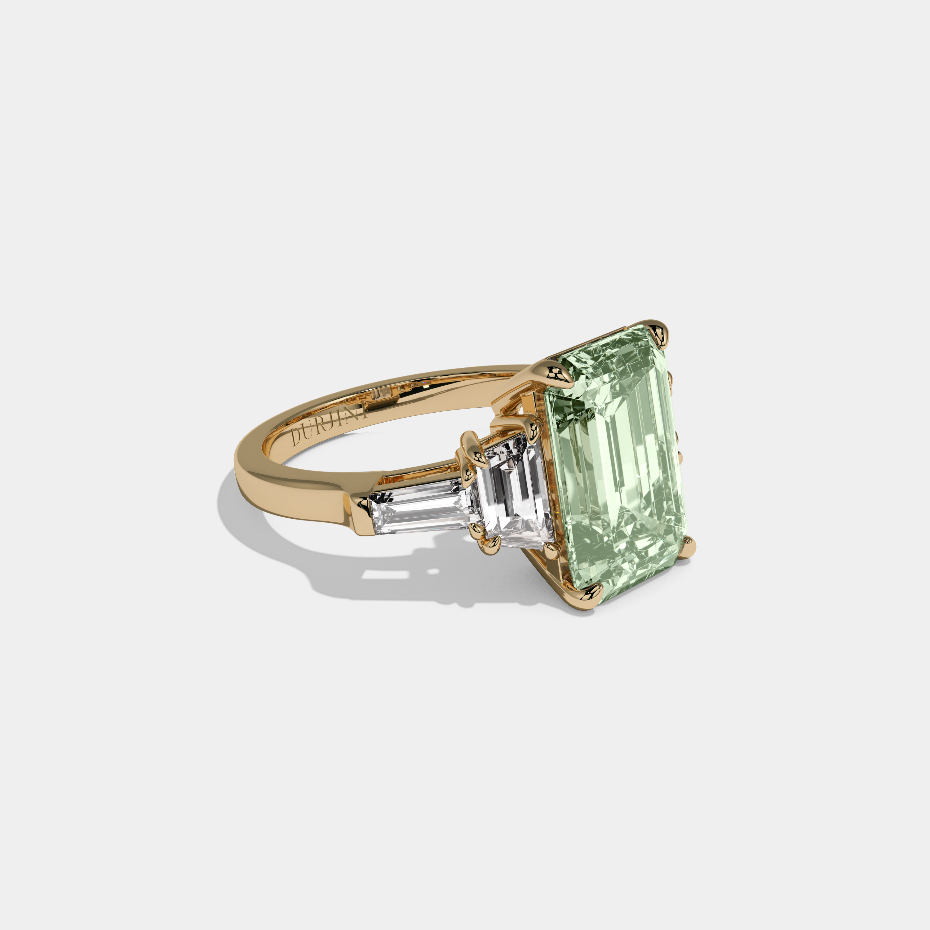 Adelaide Fancy Light Green Emerald Cut Diamond Plain Band With Step Cut Sides Engagement Ring 8ct 18K Yellow Gold