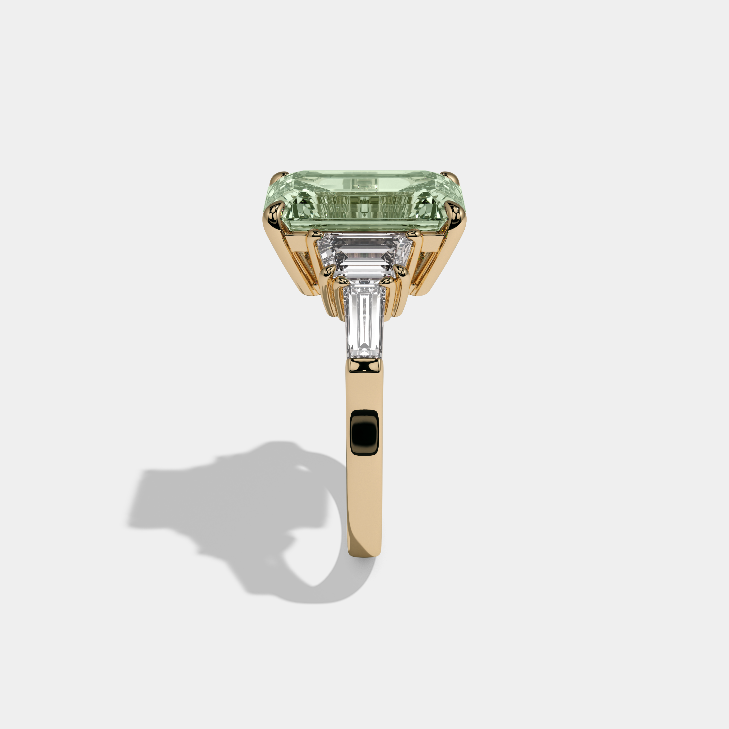 Adelaide Fancy Light Green Emerald Cut Diamond Plain Band With Step Cut Sides Engagement Ring 8ct 18K Yellow Gold
