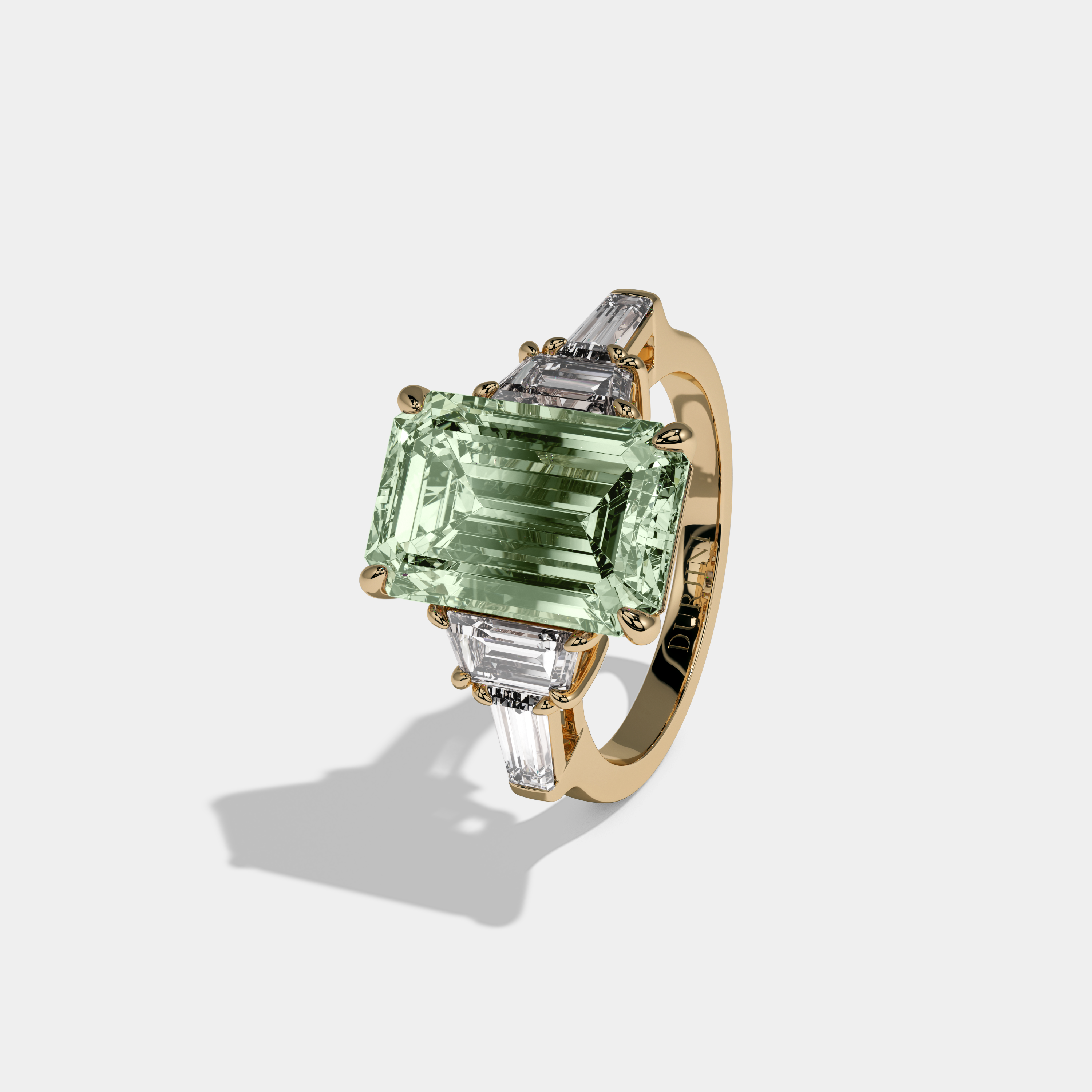 Adelaide Fancy Light Green Emerald Cut Diamond Plain Band With Step Cut Sides Engagement Ring 8ct 18K Yellow Gold