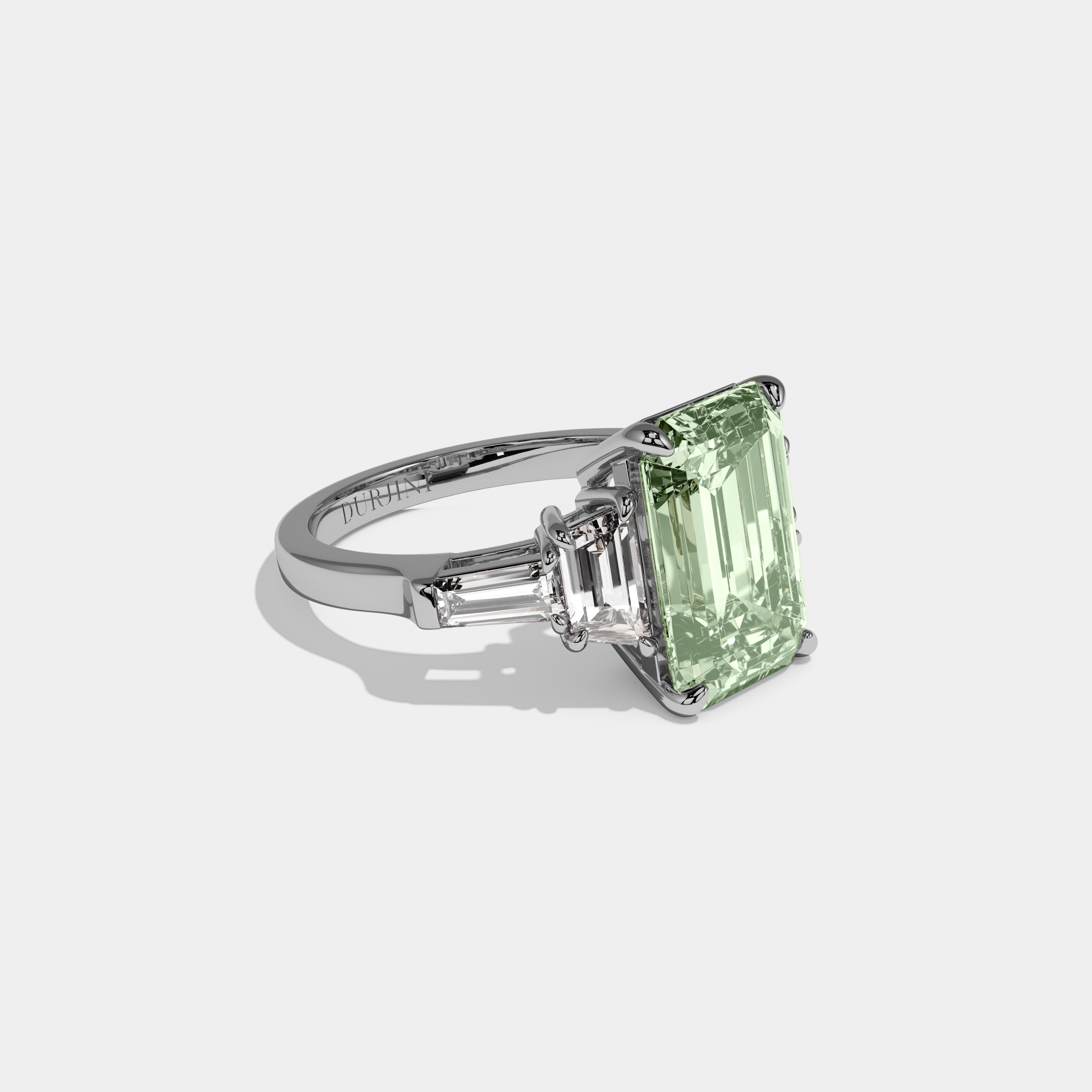 Alice Fancy Light Green Emerald Cut Diamond Plain Band With Step Cut Sides Engagement Ring 8ct 18K White Gold