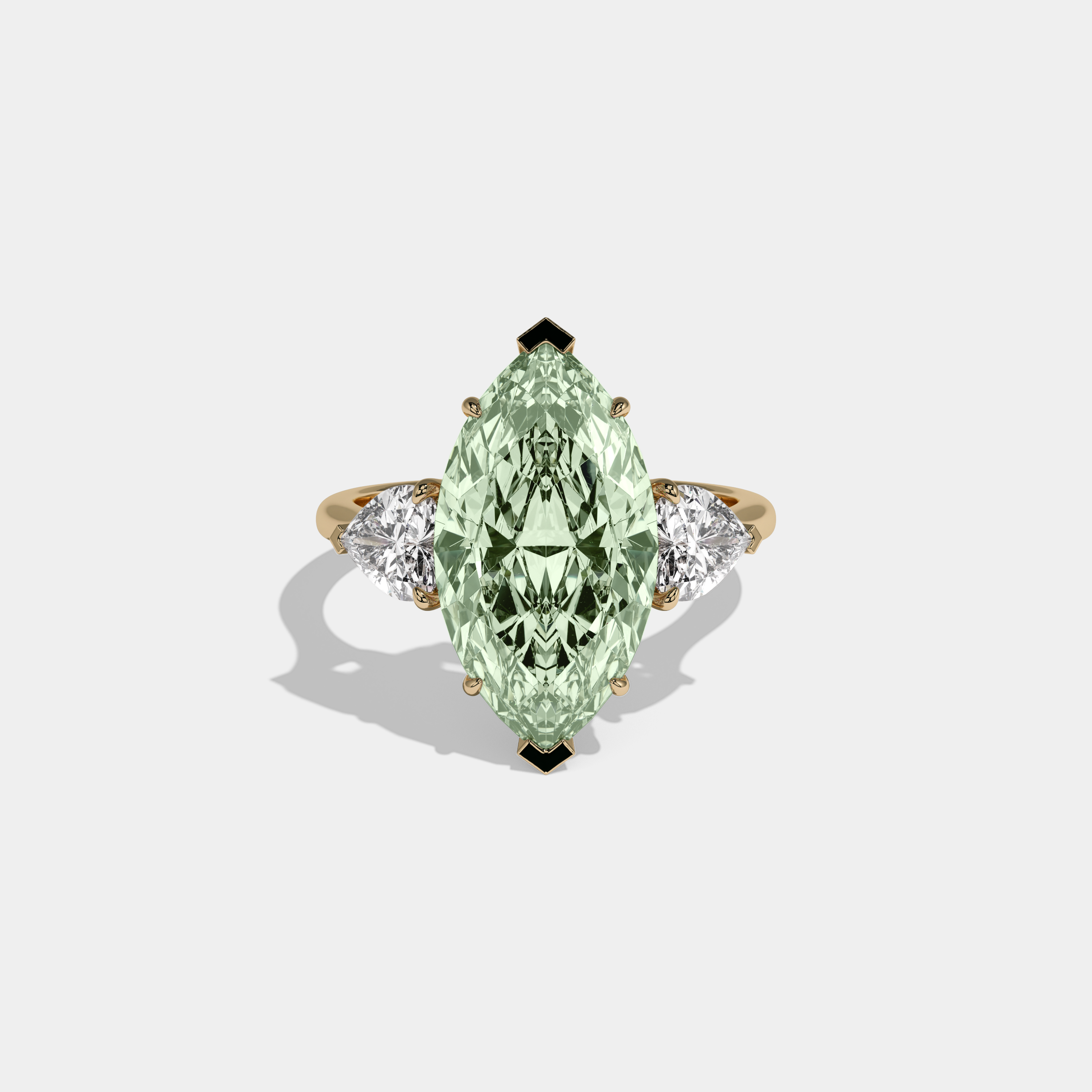Adelaide Fancy Light Green Marquise Cut Diamond Plain Band With Heart Cut Sides Engagement Ring 8ct 18K Yellow Gold