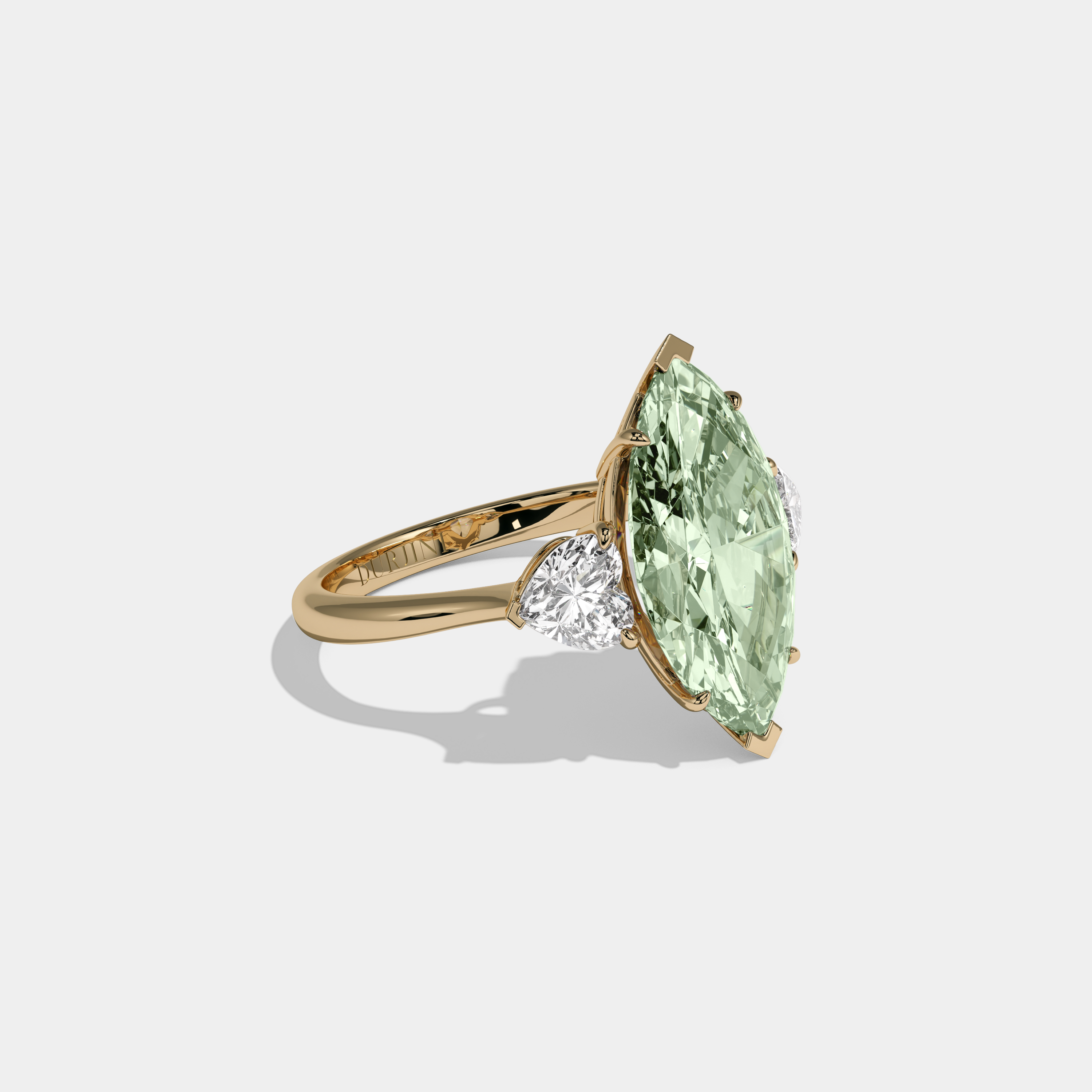 Adelaide Fancy Light Green Marquise Cut Diamond Plain Band With Heart Cut Sides Engagement Ring 8ct 18K Yellow Gold