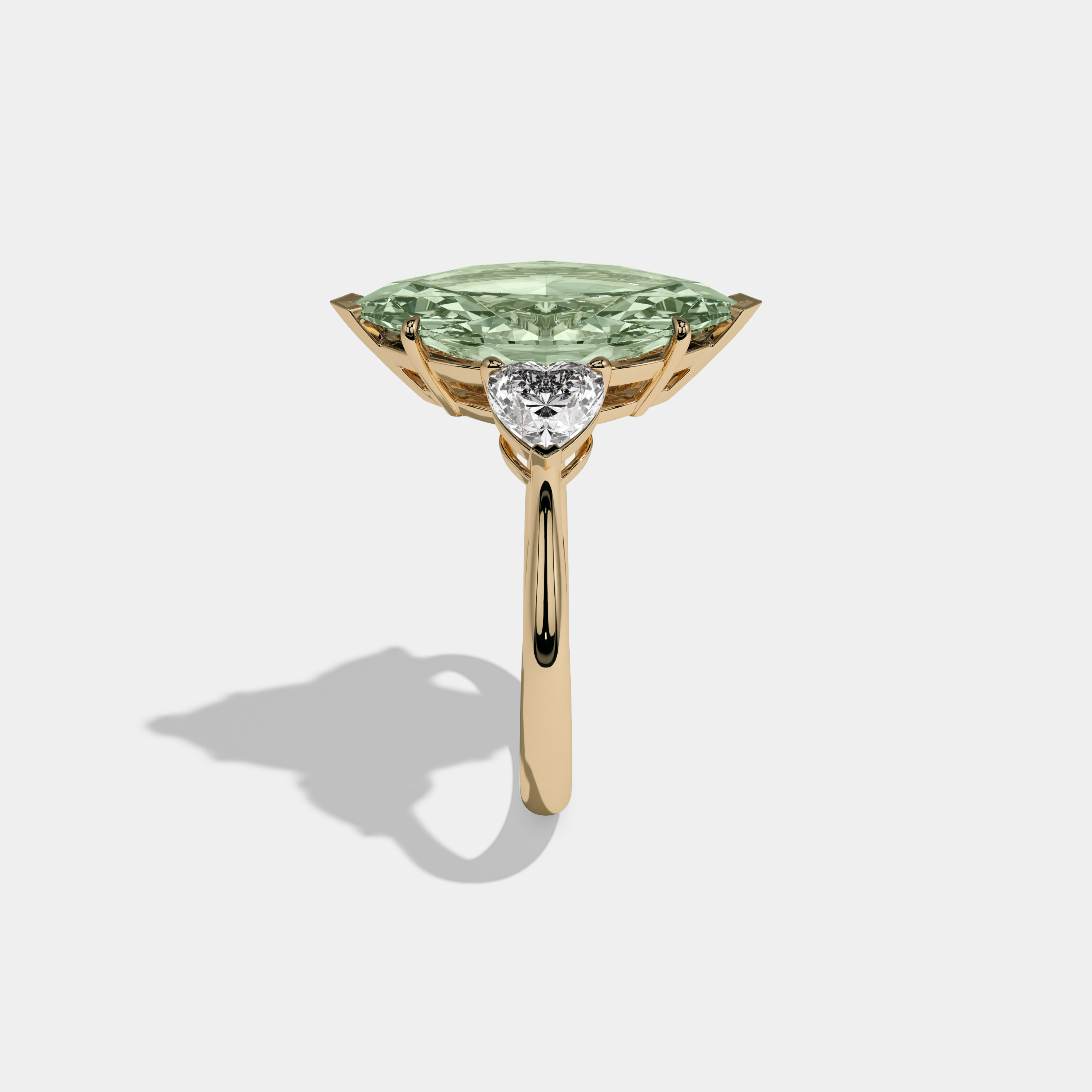 Adelaide Fancy Light Green Marquise Cut Diamond Plain Band With Heart Cut Sides Engagement Ring 8ct 18K Yellow Gold