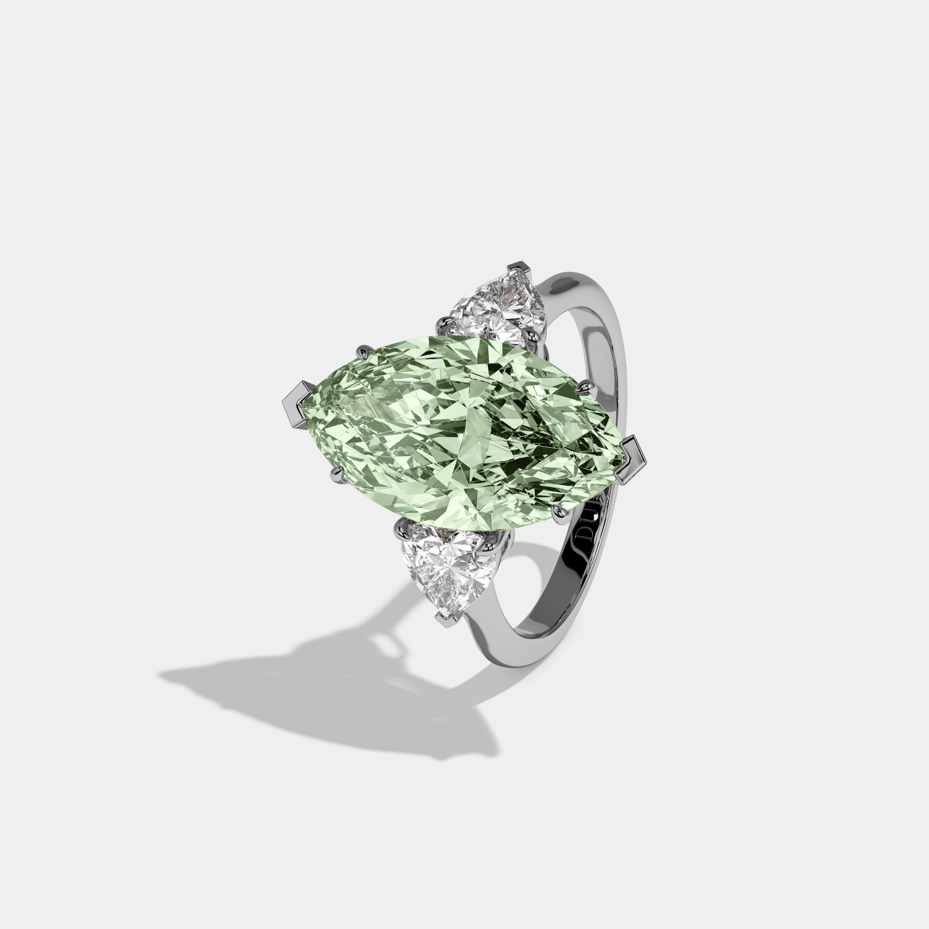Alice Fancy Light Green Marquise Cut Diamond Plain Band With Heart Cut Sides Engagement Ring 8ct 18K White Gold